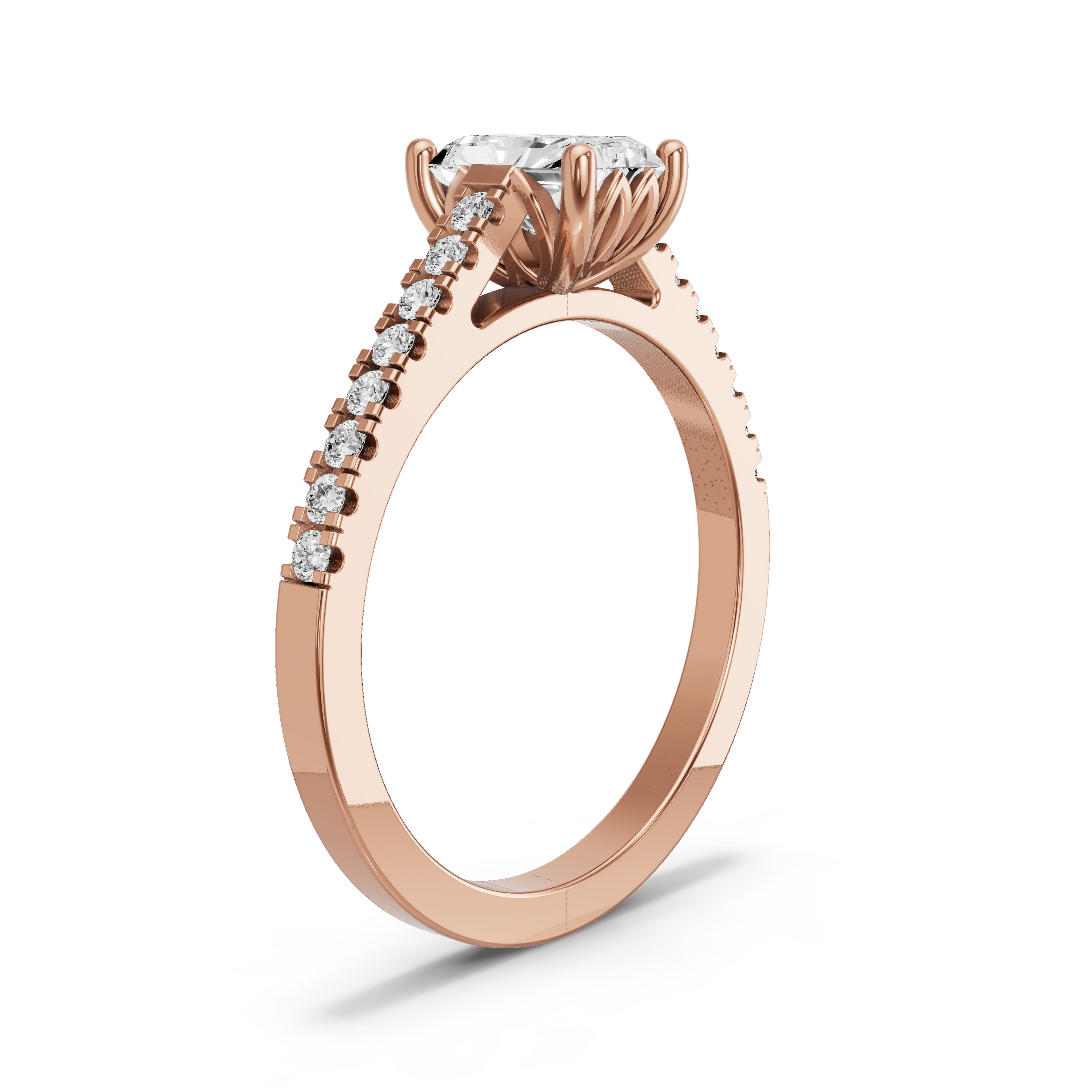 Image for Radiant Lotus Basket Ring with Cathedral Pave band in 14K Yellow Gold