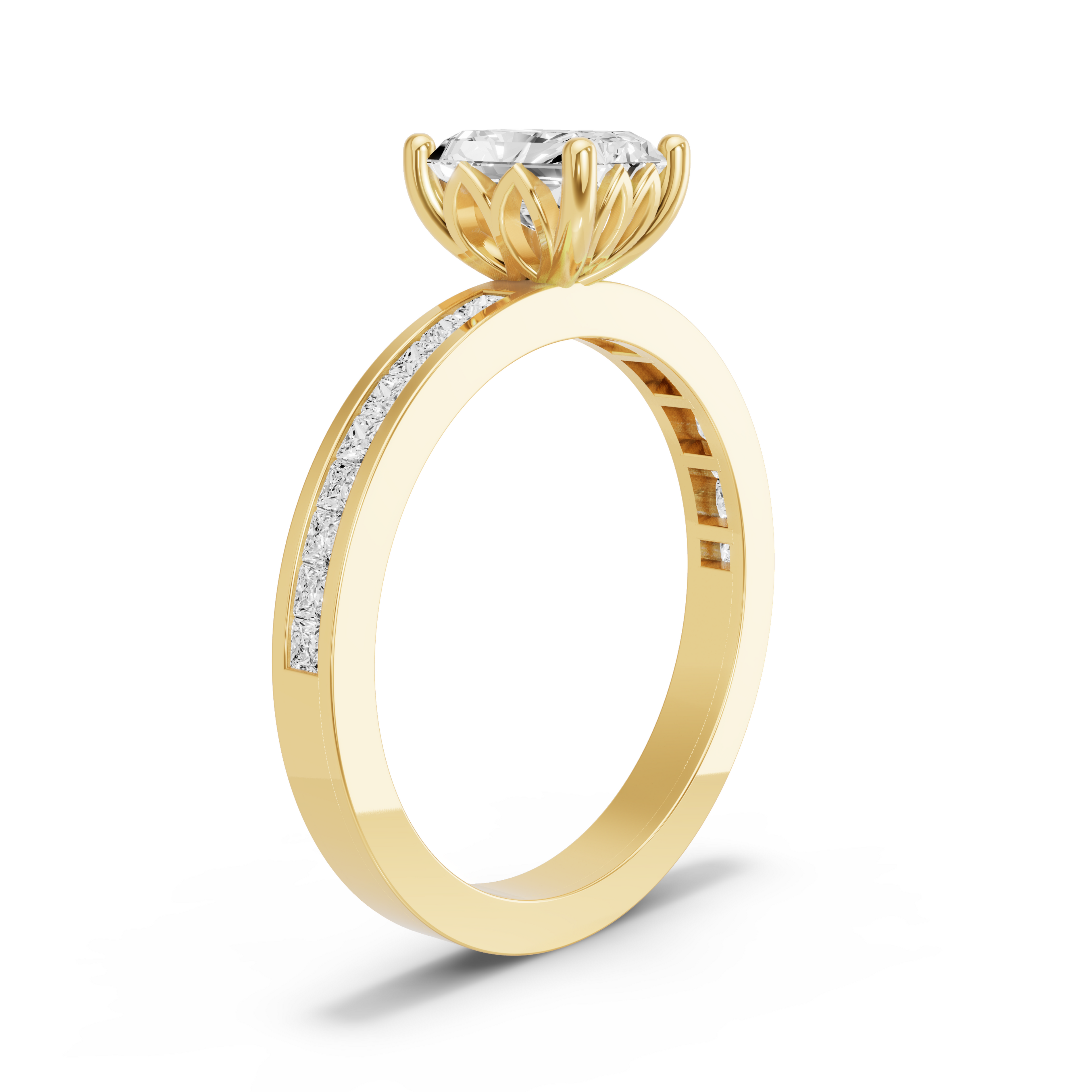 Image for Radiant Lotus Basket Ring with Channel band in 18K White Gold