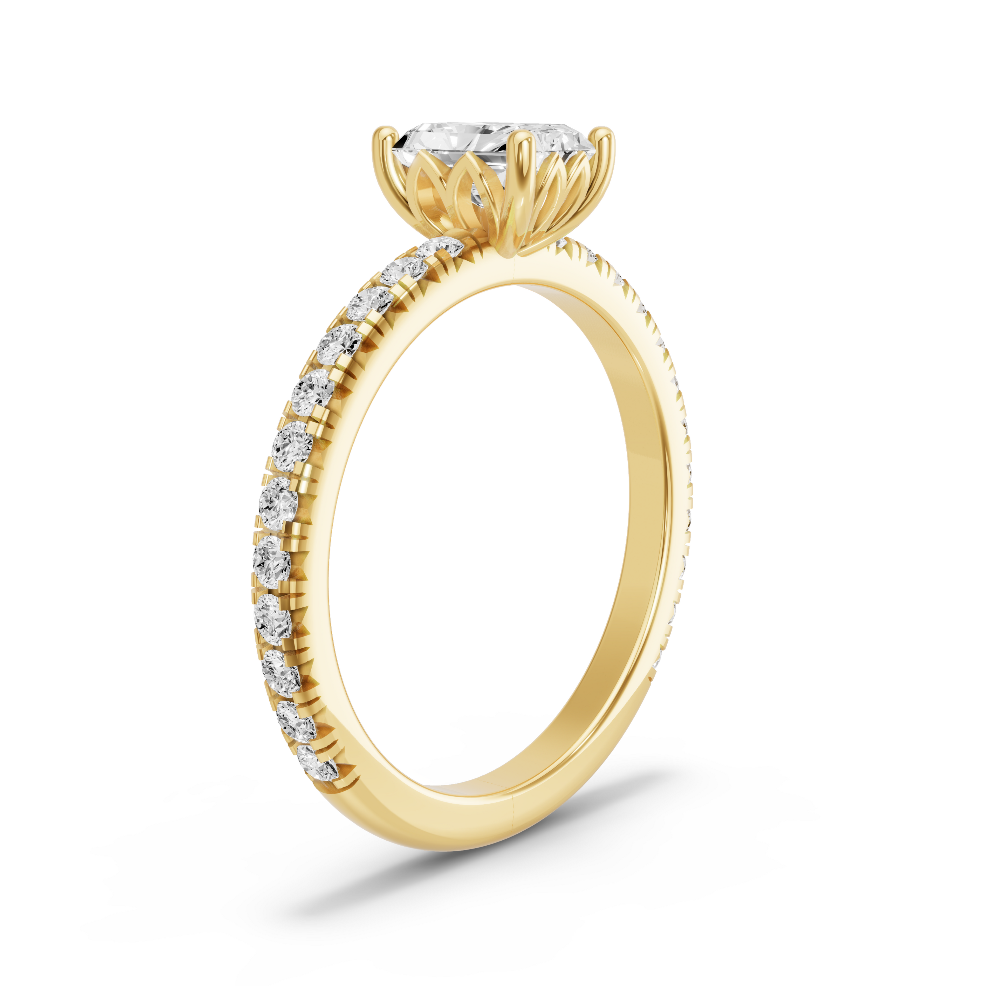 Image for Radiant Lotus Basket Ring with French Pave band in 14K White Gold