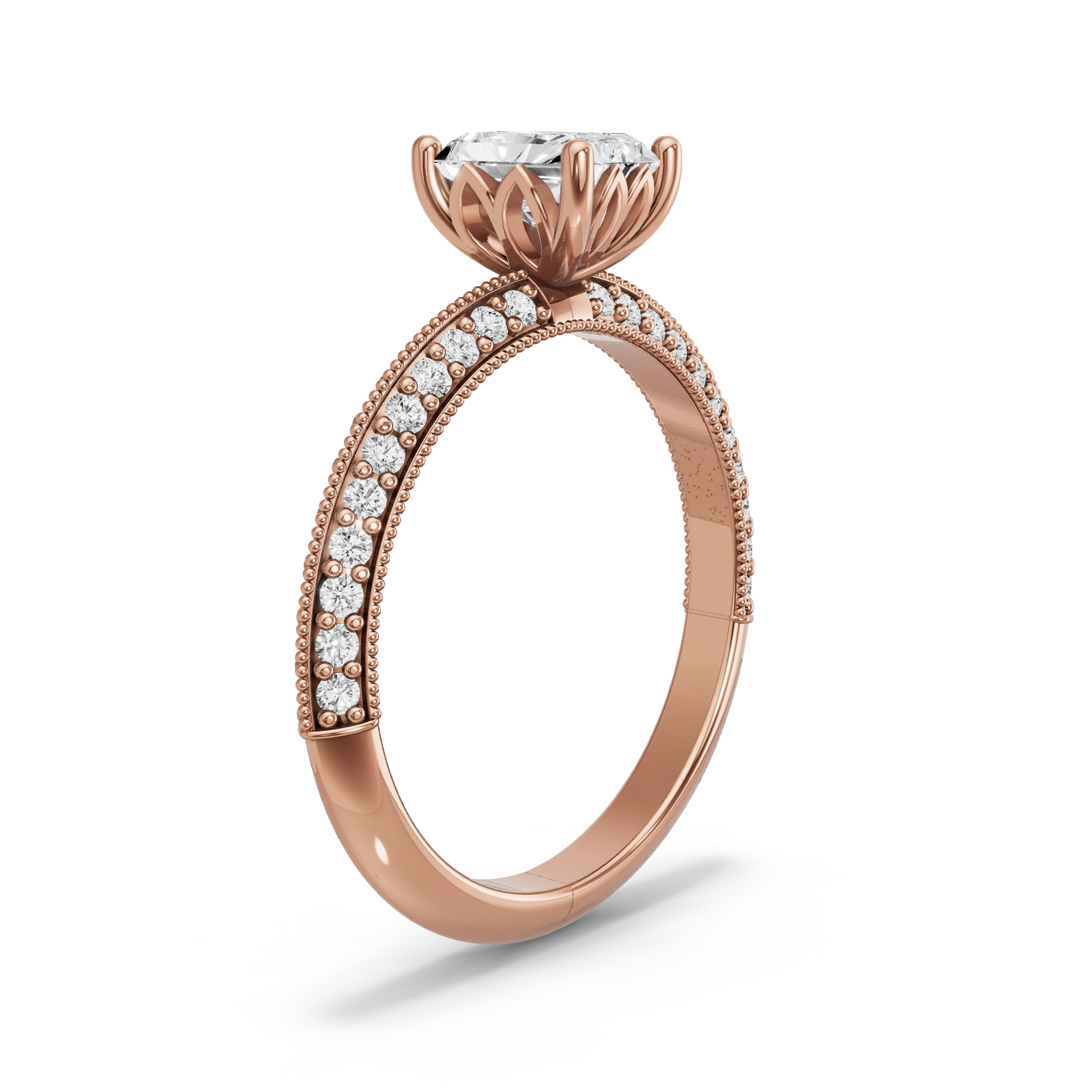 Image for Radiant Lotus Basket Ring with Knife Edge Pave band in 18K Yellow Gold