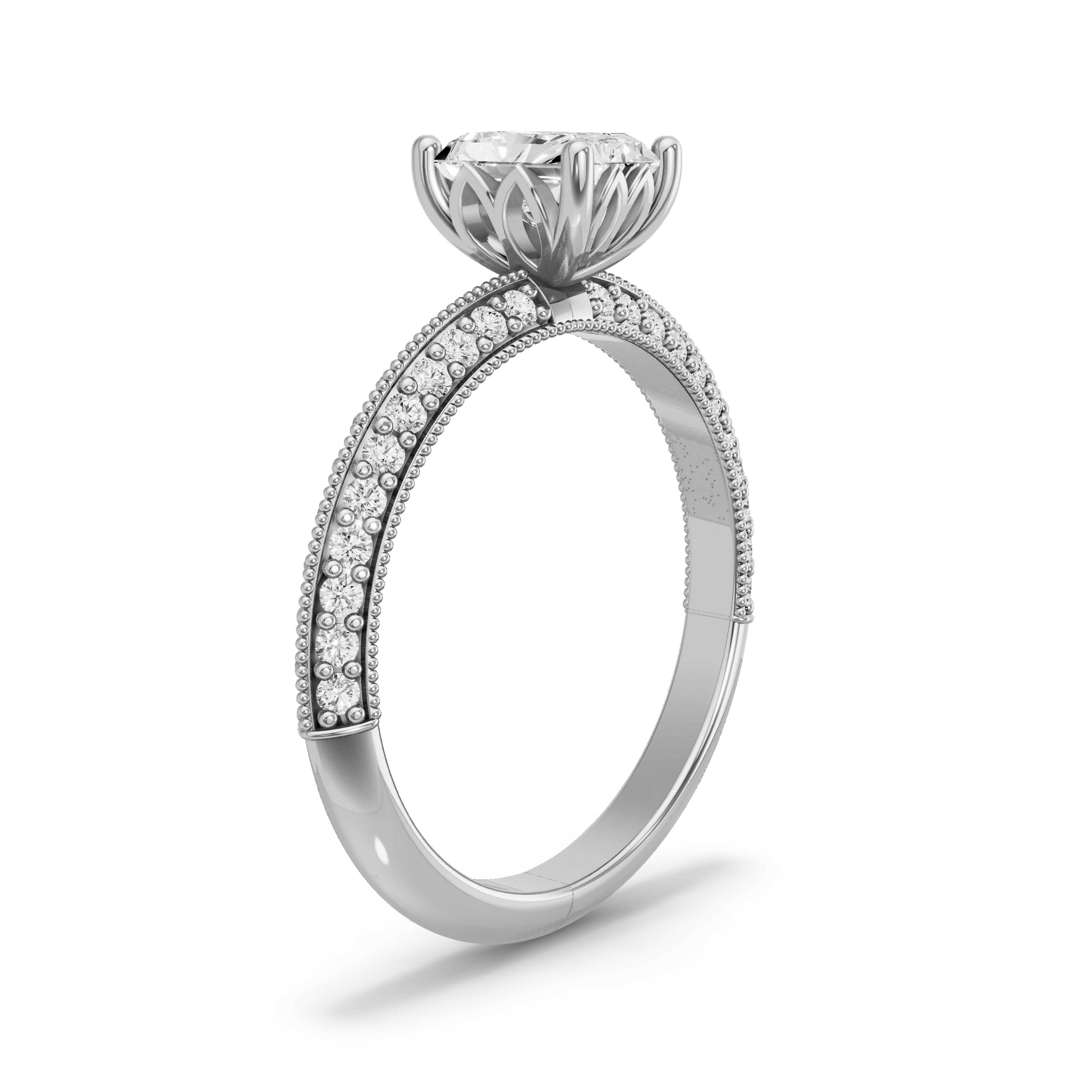 Image for Radiant Lotus Basket Ring with Knife Edge Pave band in 10K Two Tone Rose Gold