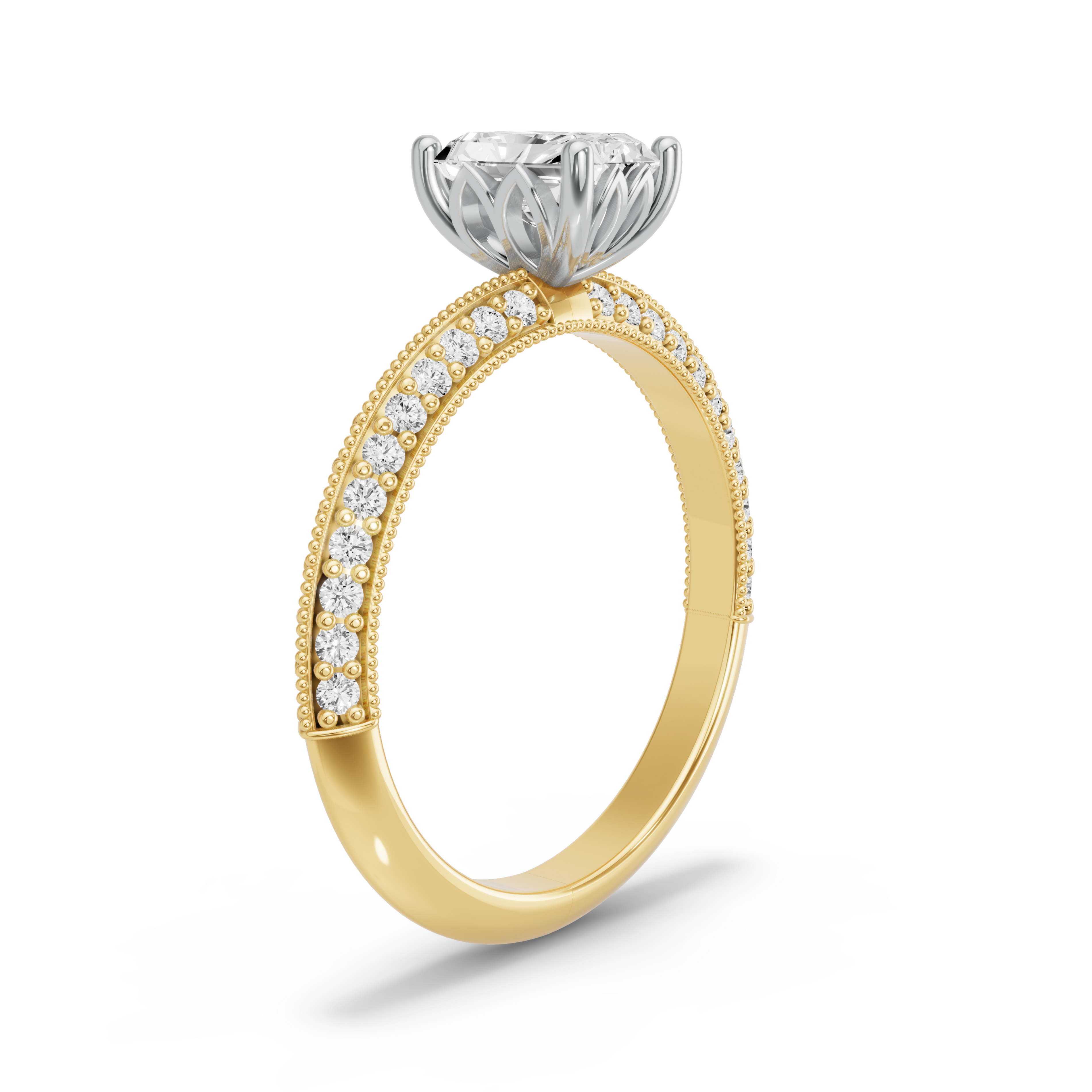 Image for Radiant Lotus Basket Ring with Knife Edge Pave band in 18K Rose Gold