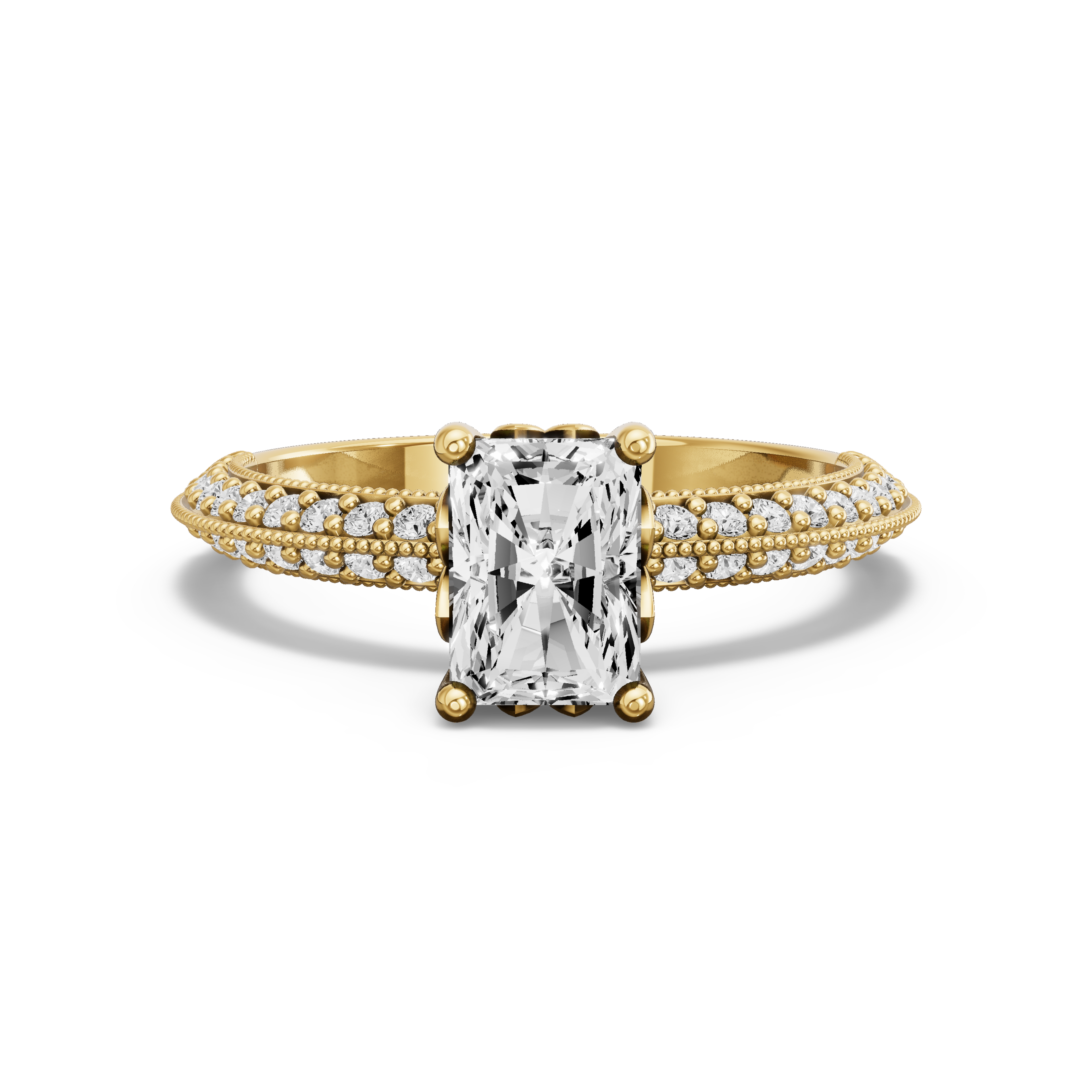 Image for Radiant Lotus Basket Ring with Knife Edge Pave band in 14K White Gold