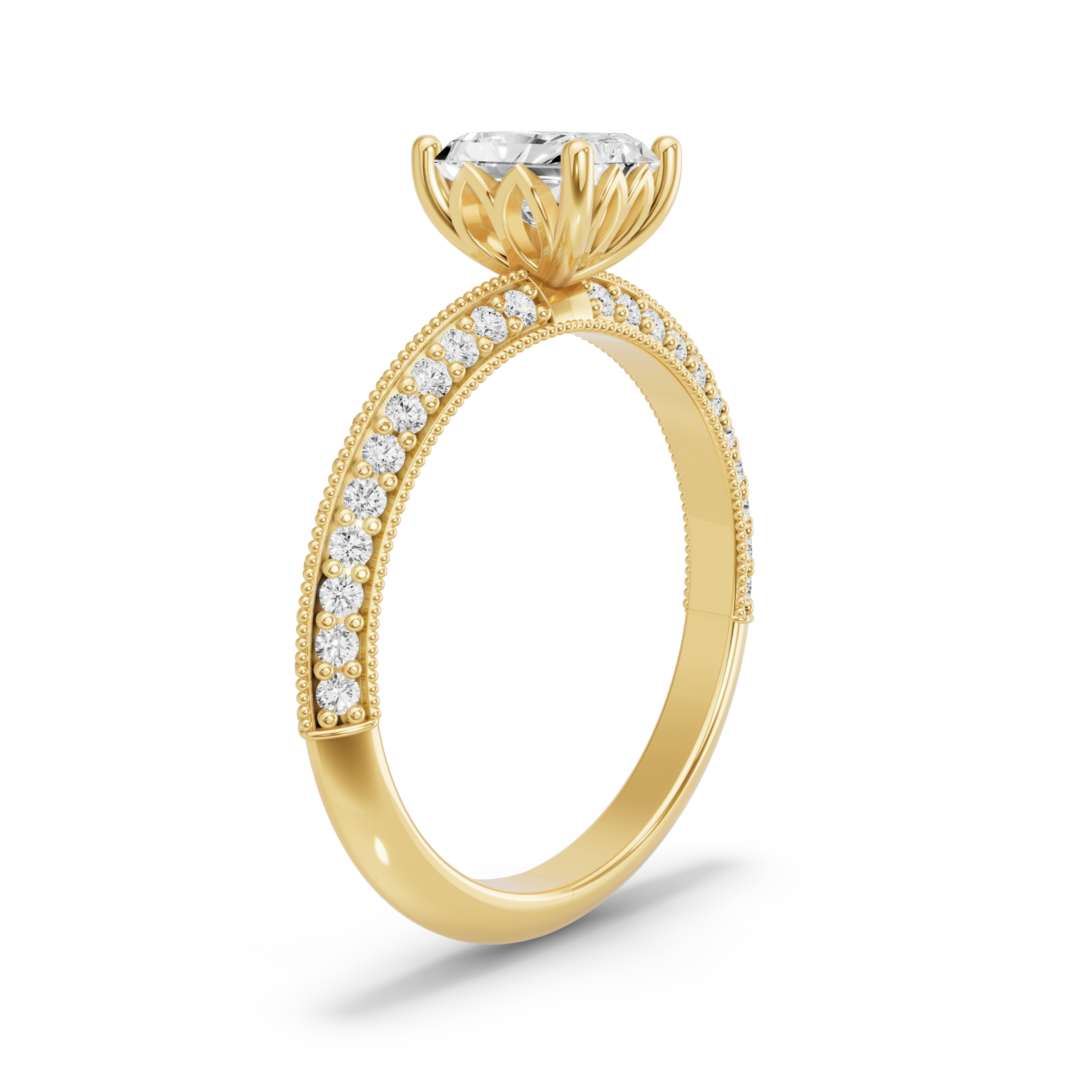 Image for Radiant Lotus Basket Ring with Knife Edge Pave band in 18K White Gold