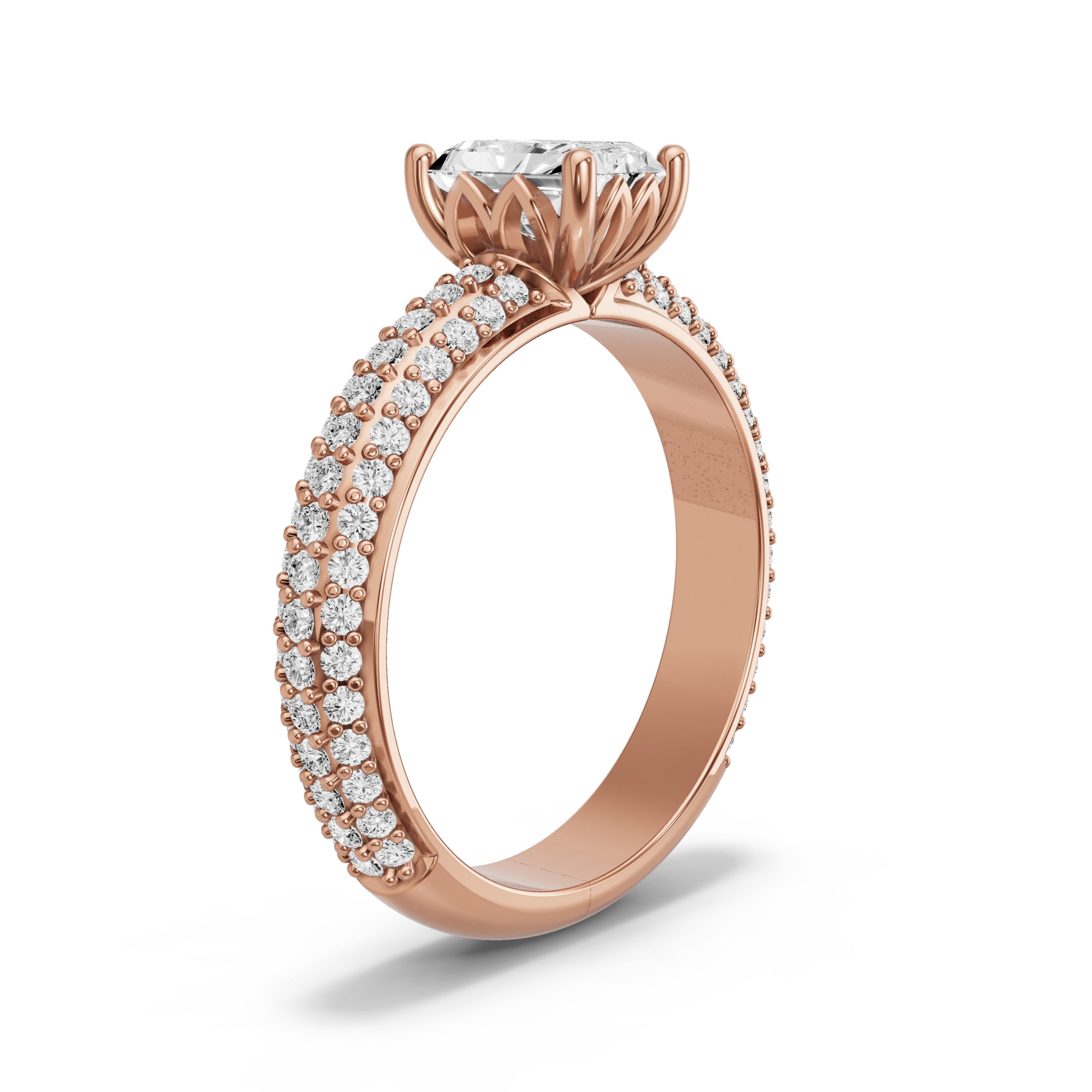 Image for Radiant Lotus Basket Ring with Triple Row Pave band in 10K Yellow Gold