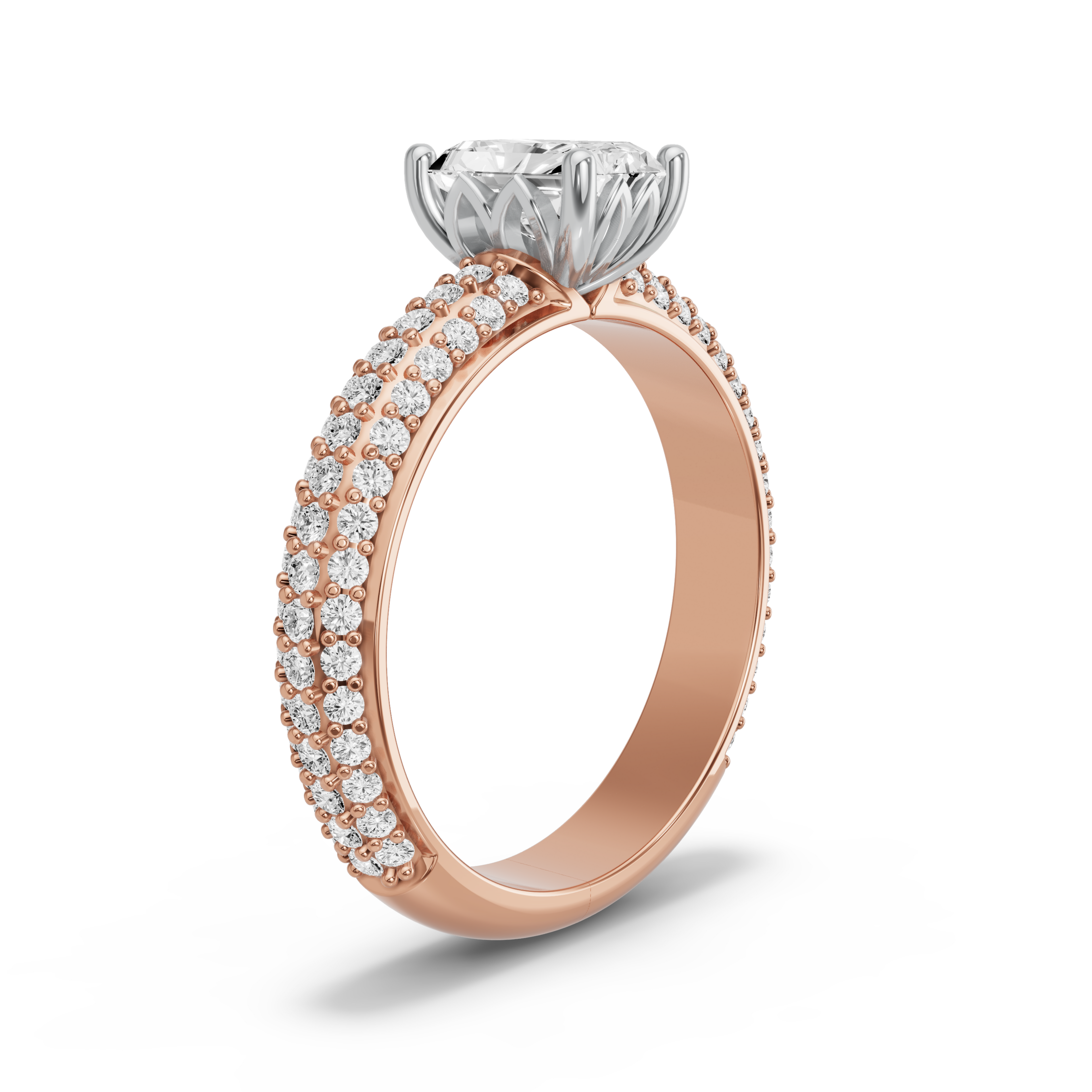 Image for Radiant Lotus Basket Ring with Triple Row Pave band