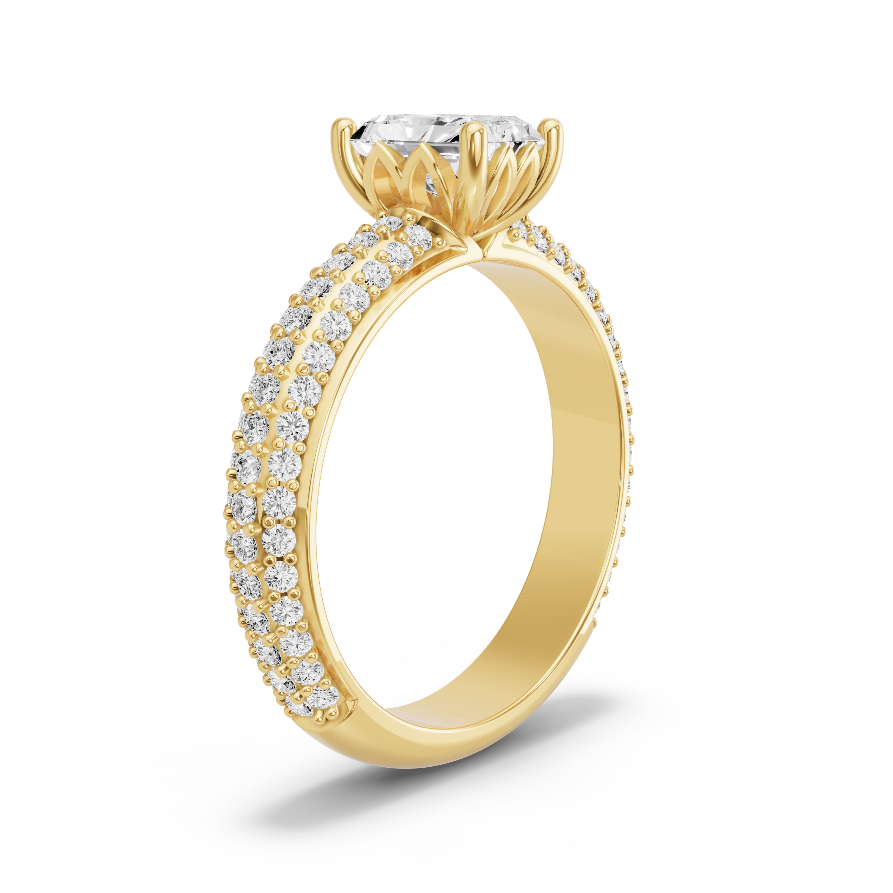 Image for Radiant Lotus Basket Ring with Triple Row Pave band in 14K White Gold
