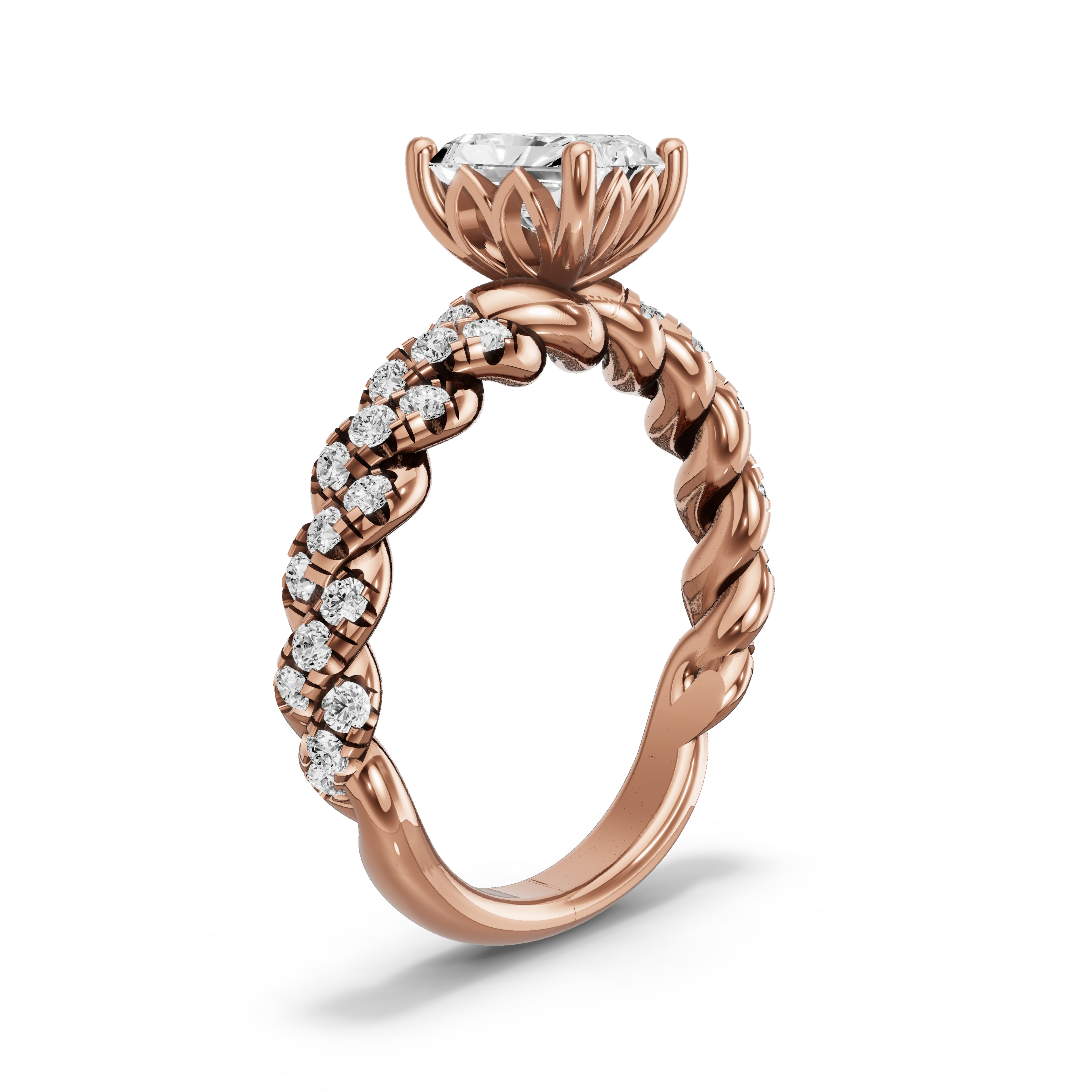 Image for Radiant Lotus Basket Ring with Twist Pave band in 14K Yellow Gold