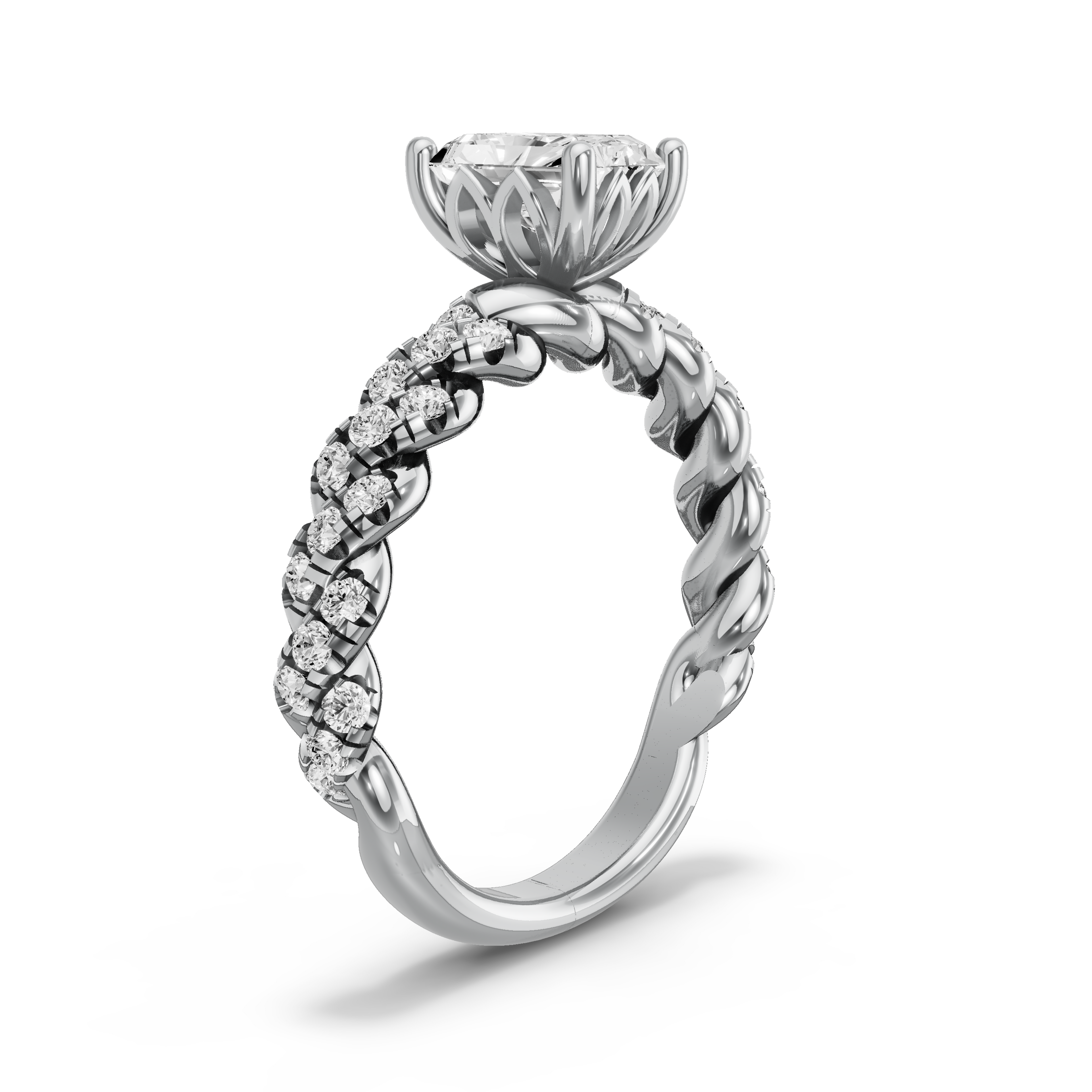 Image for Radiant Lotus Basket Ring with Twist Pave band in 18K Two Tone Rose Gold
