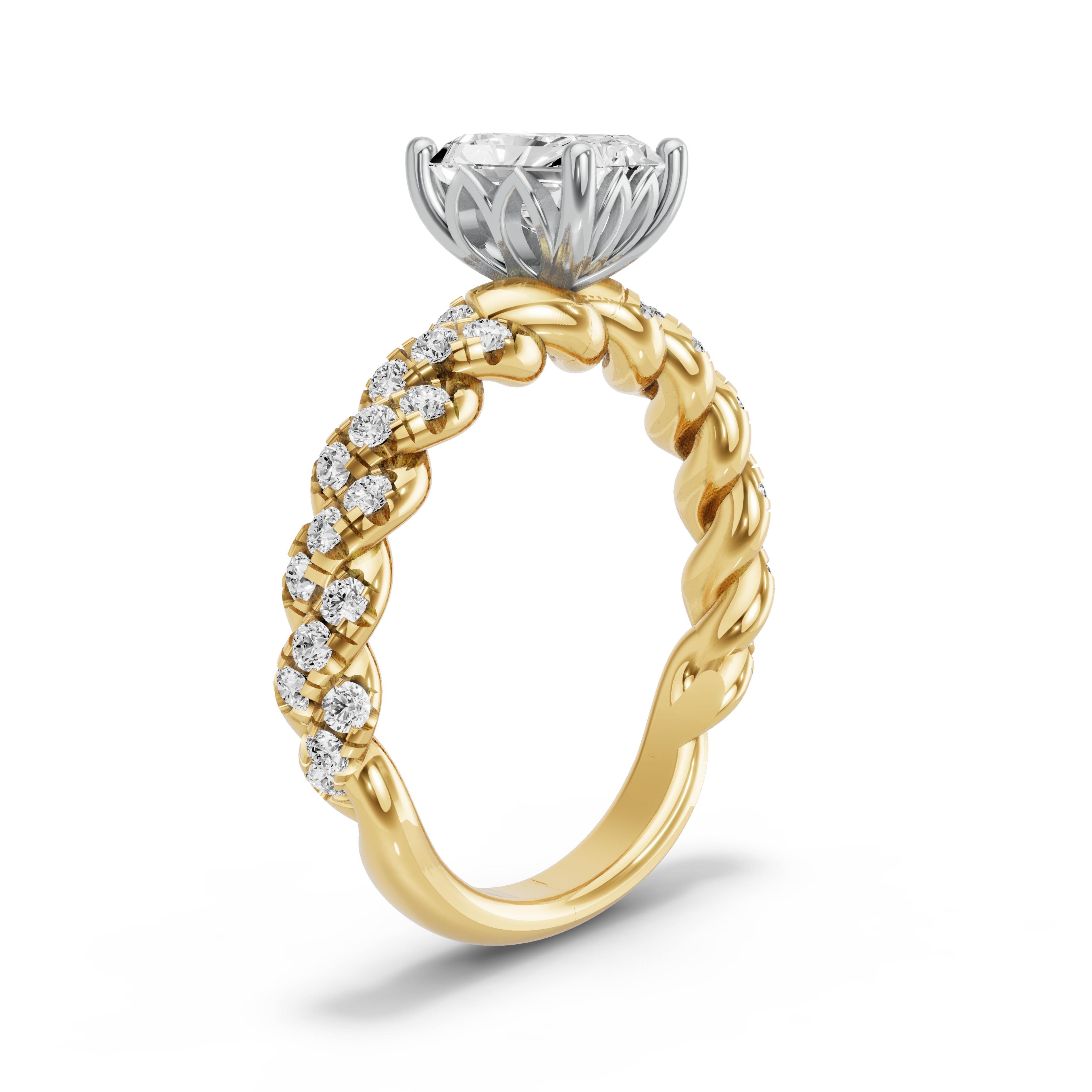 Image for Radiant Lotus Basket Ring with Twist Pave band in 18K Rose Gold