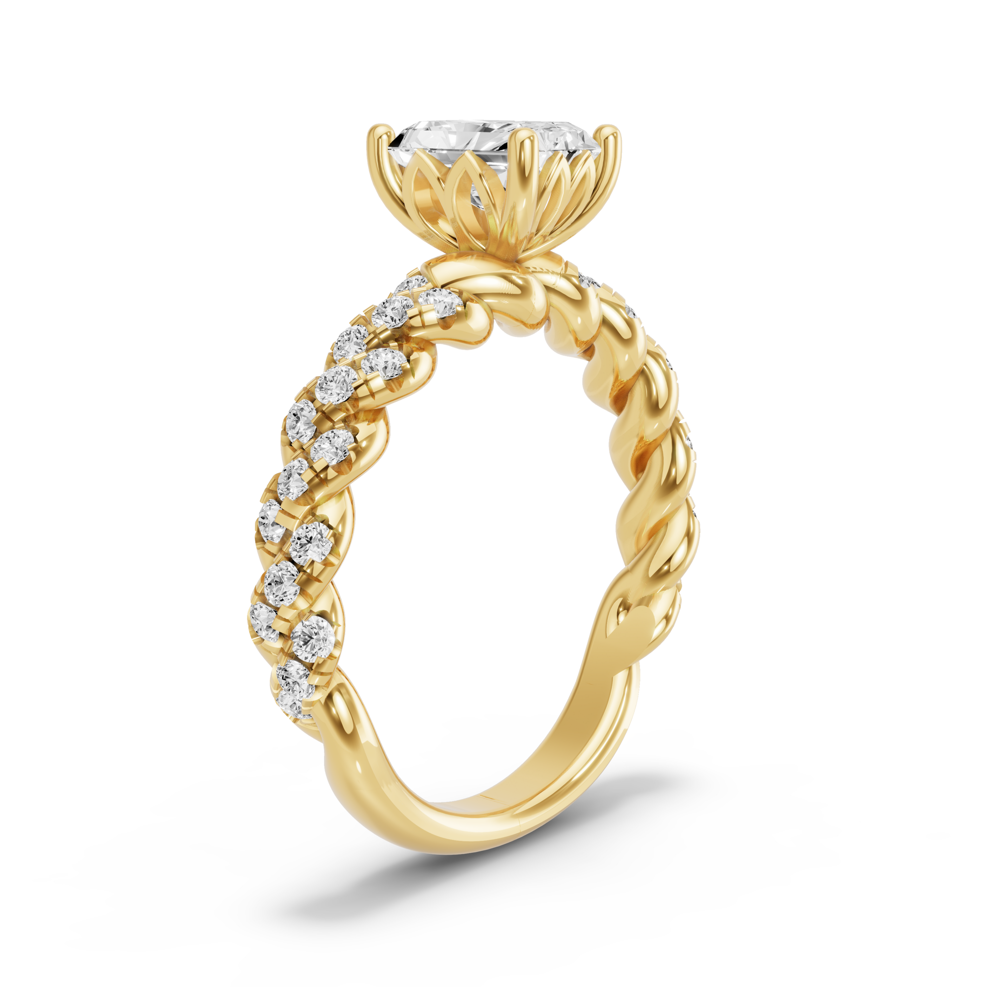 Image for Radiant Lotus Basket Ring with Twist Pave band in 18K White Gold