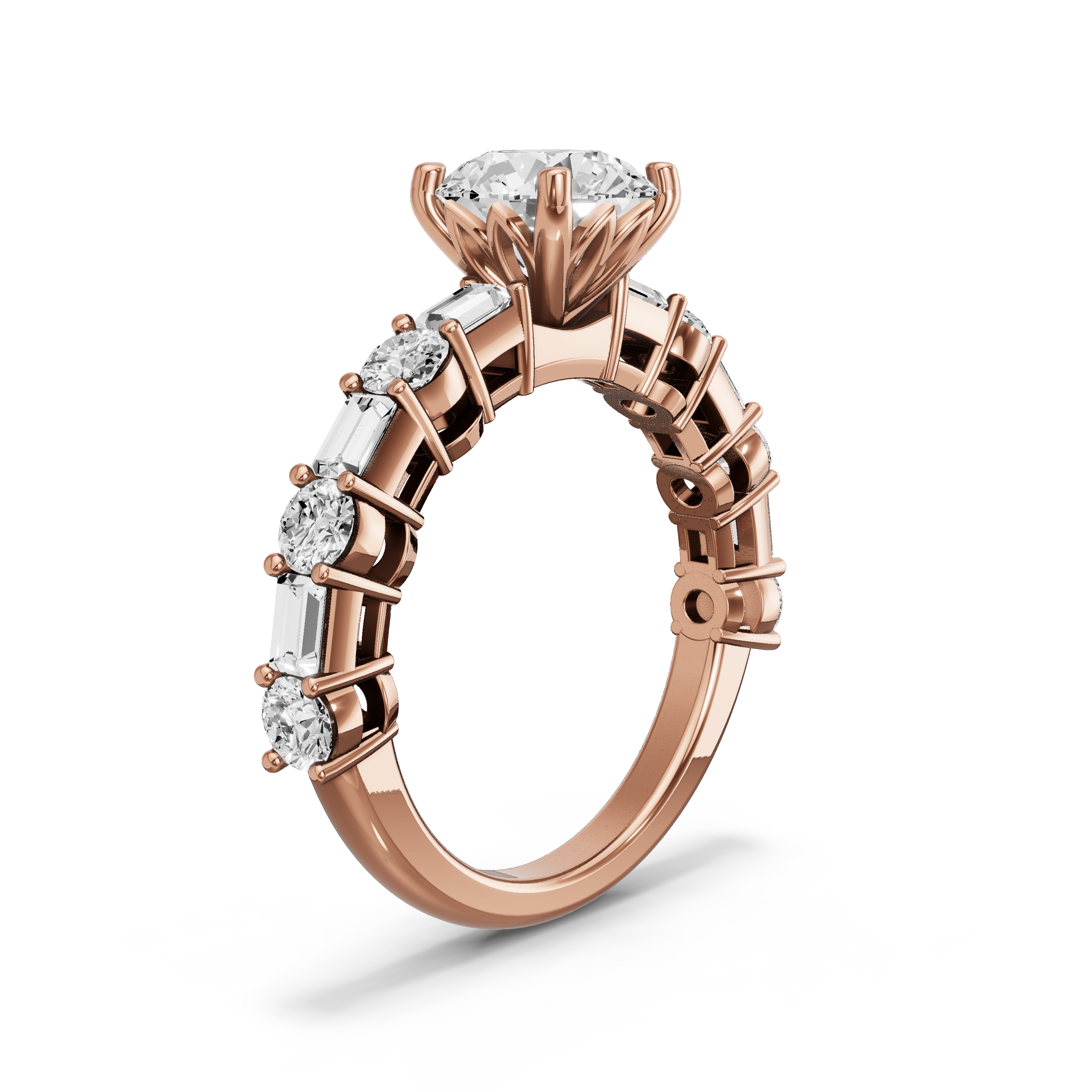 Image for Round Lotus Basket Ring with Alternating Baguette band in 18K Rose Gold