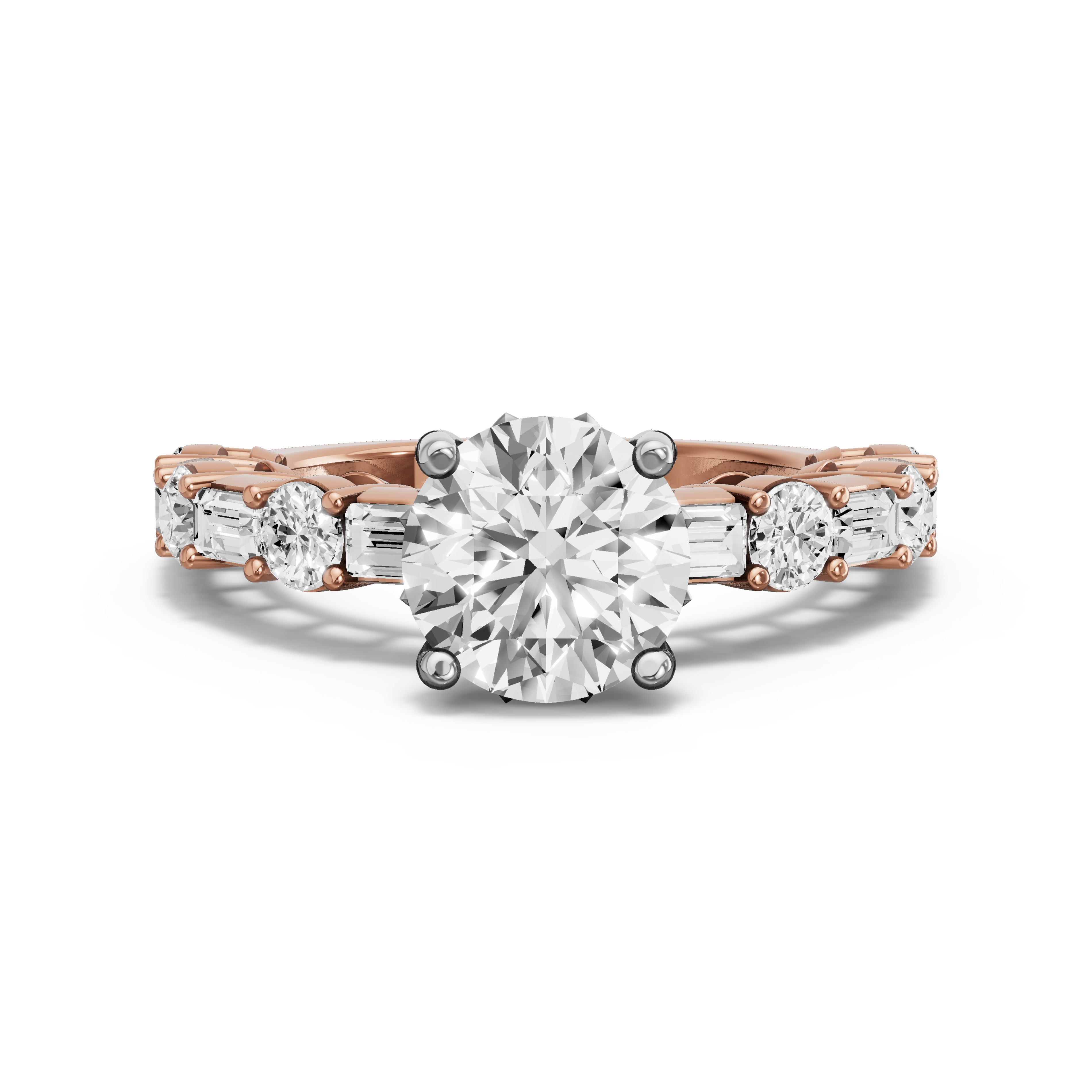 Image for Round Lotus Basket Ring with Alternating Baguette band in 14K Two Tone Rose Gold