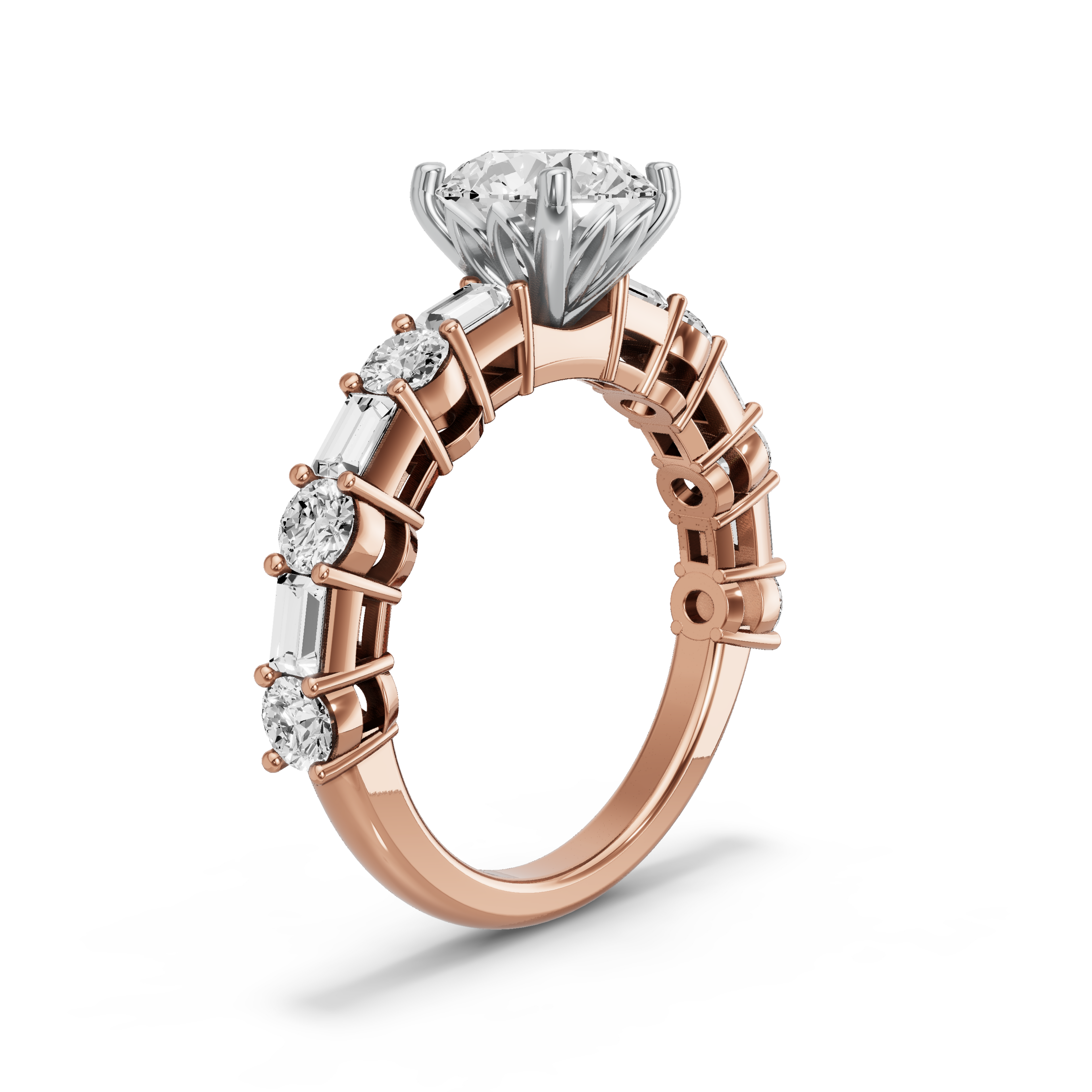 Image for Round Lotus Basket Ring with Alternating Baguette band in 14K Two Tone Rose Gold