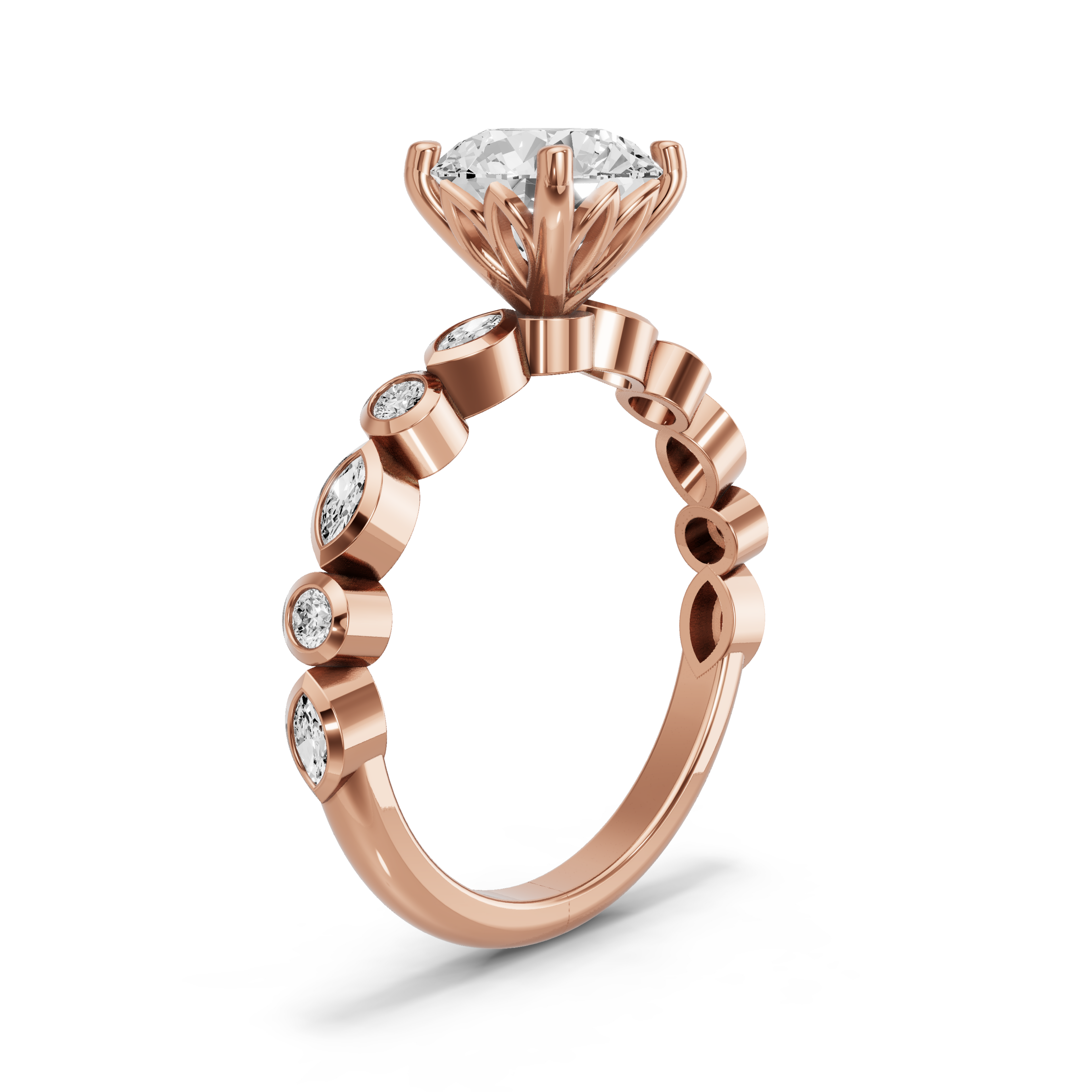 Image for Round Lotus Basket Ring with Alternating Marquise band in 18K Rose Gold