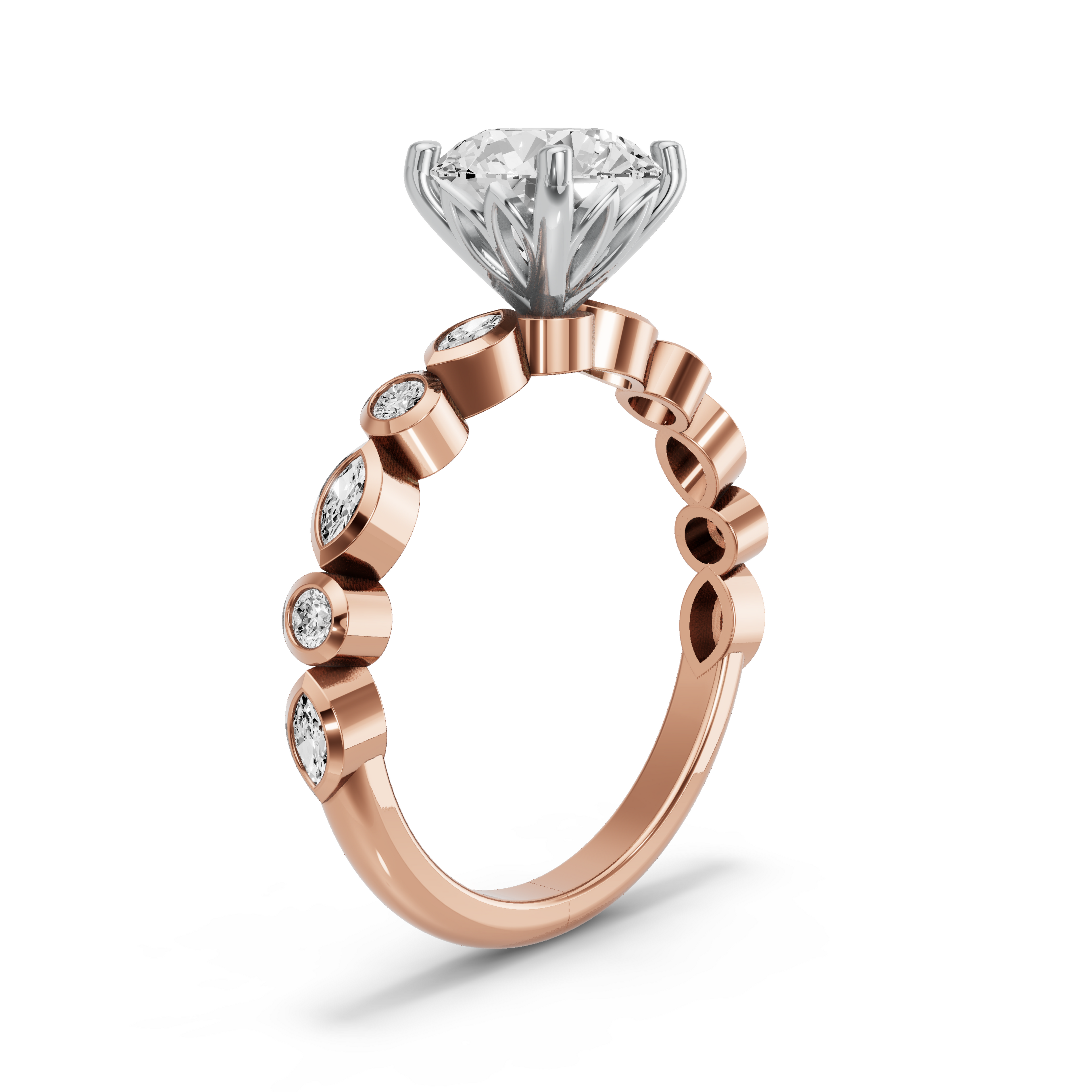 Image for Round Lotus Basket Ring with Alternating Marquise band in 14K Two Tone Rose Gold