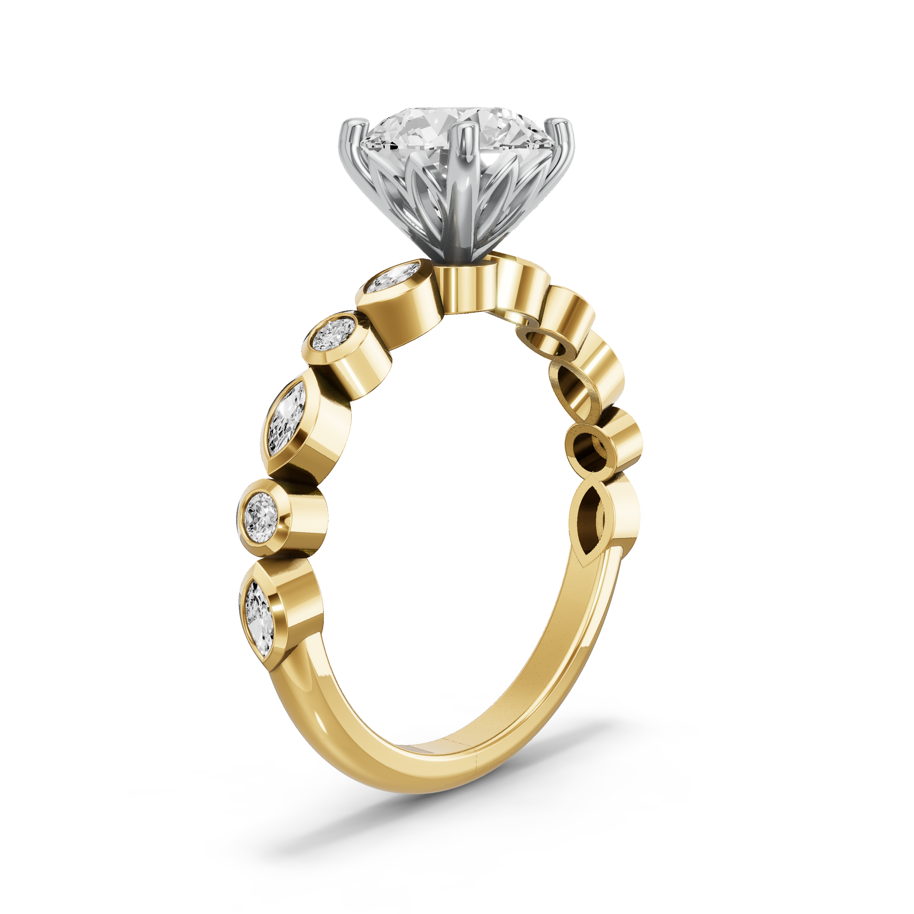 Image for Round Lotus Basket Ring with Alternating Marquise band in 14K Two Tone Yellow Gold