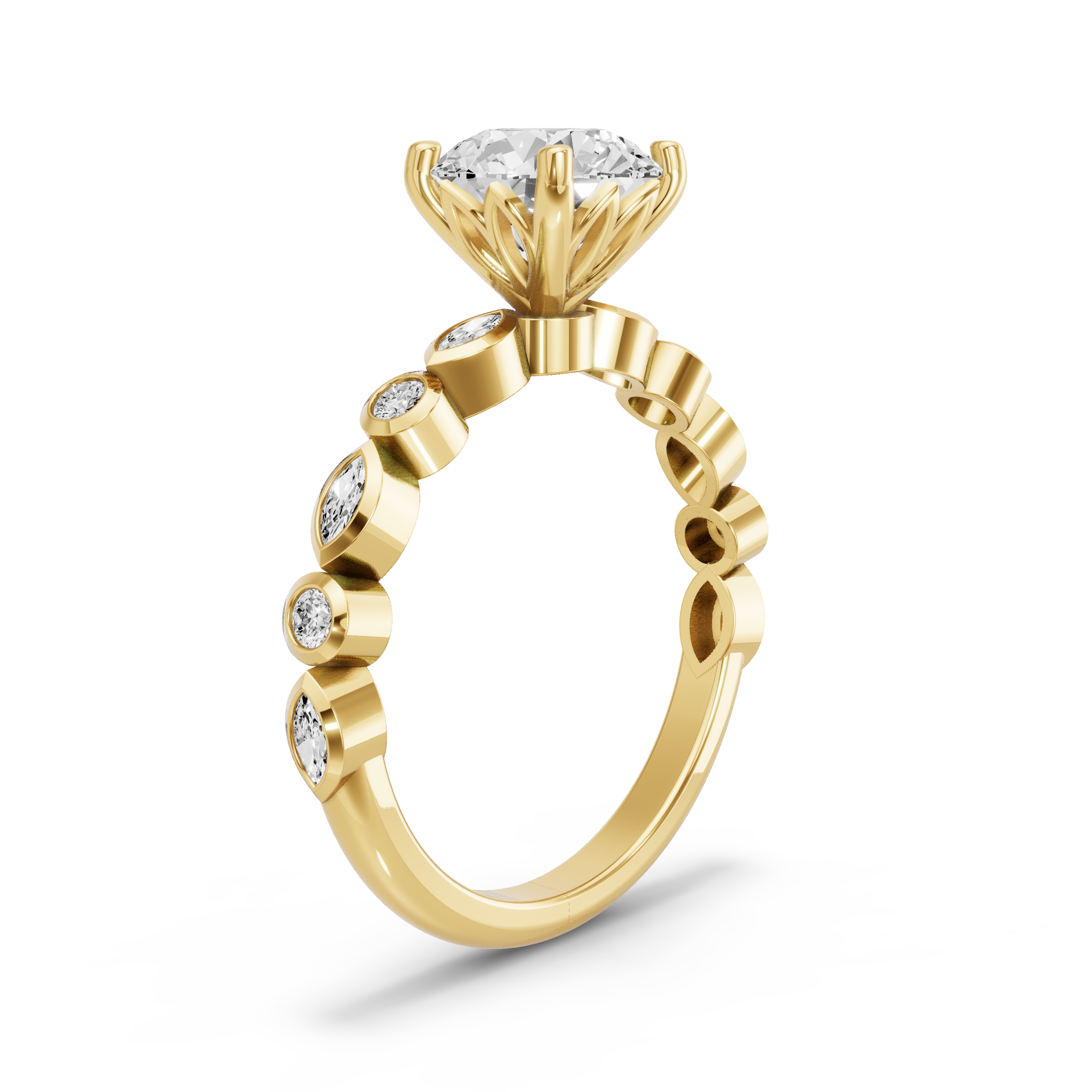 Image for Round Lotus Basket Ring with Alternating Marquise band in 18K Yellow Gold
