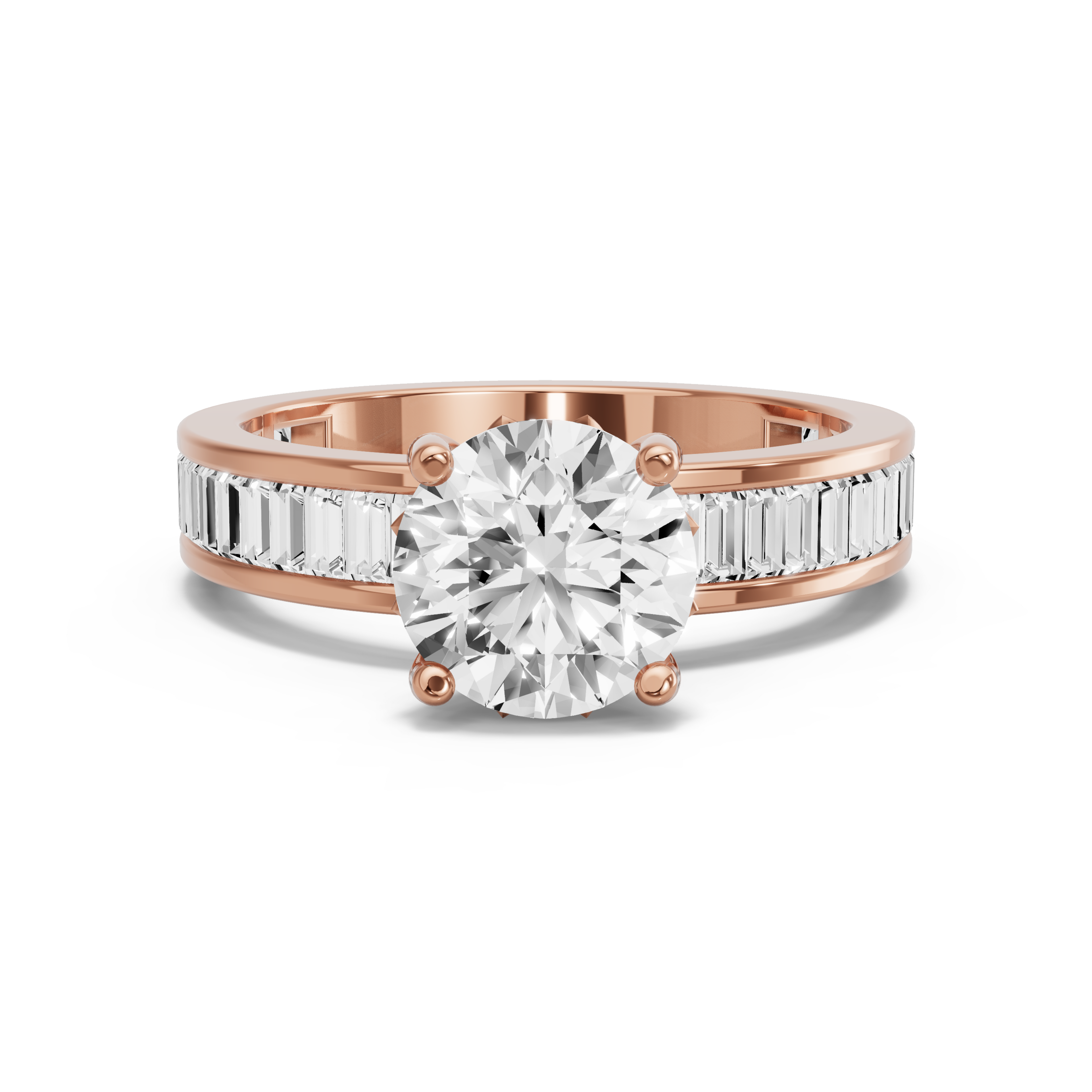 Image for Round Lotus Basket Ring with Baguette Channel band in 14K Rose Gold