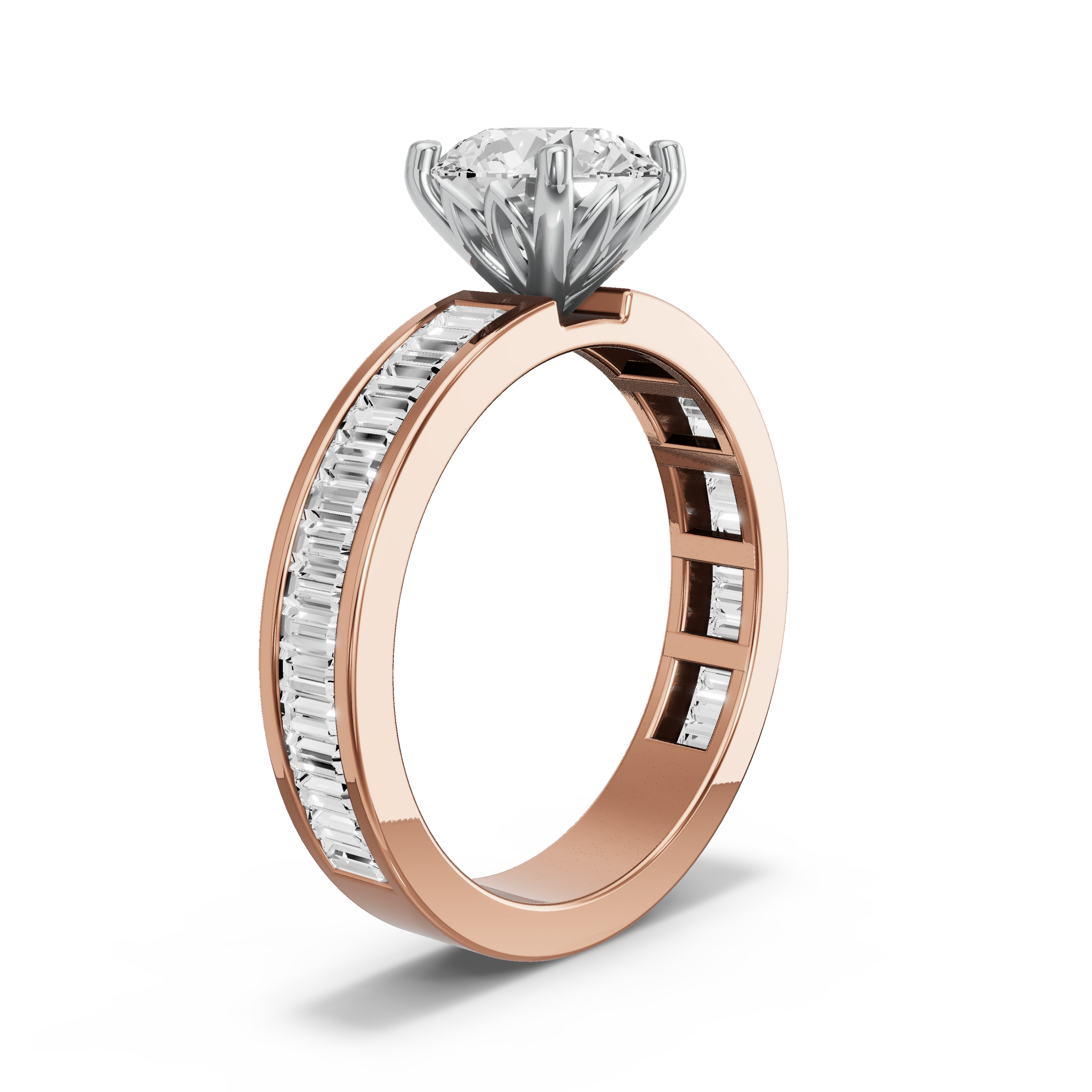 Image for Round Lotus Basket Ring with Baguette Channel band in 10K Two Tone Rose Gold
