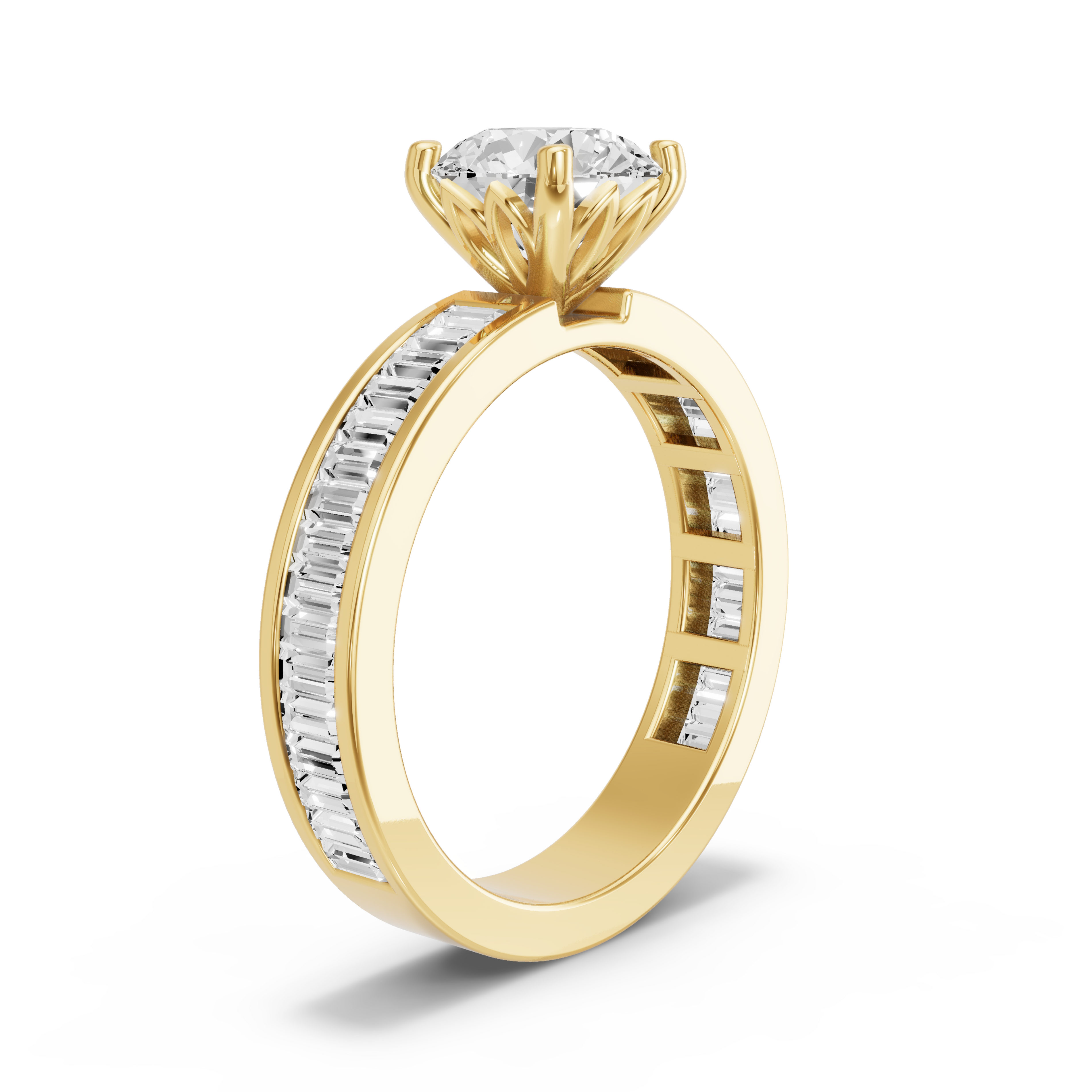 Image for Round Lotus Basket Ring with Baguette Channel band in 14K Yellow Gold