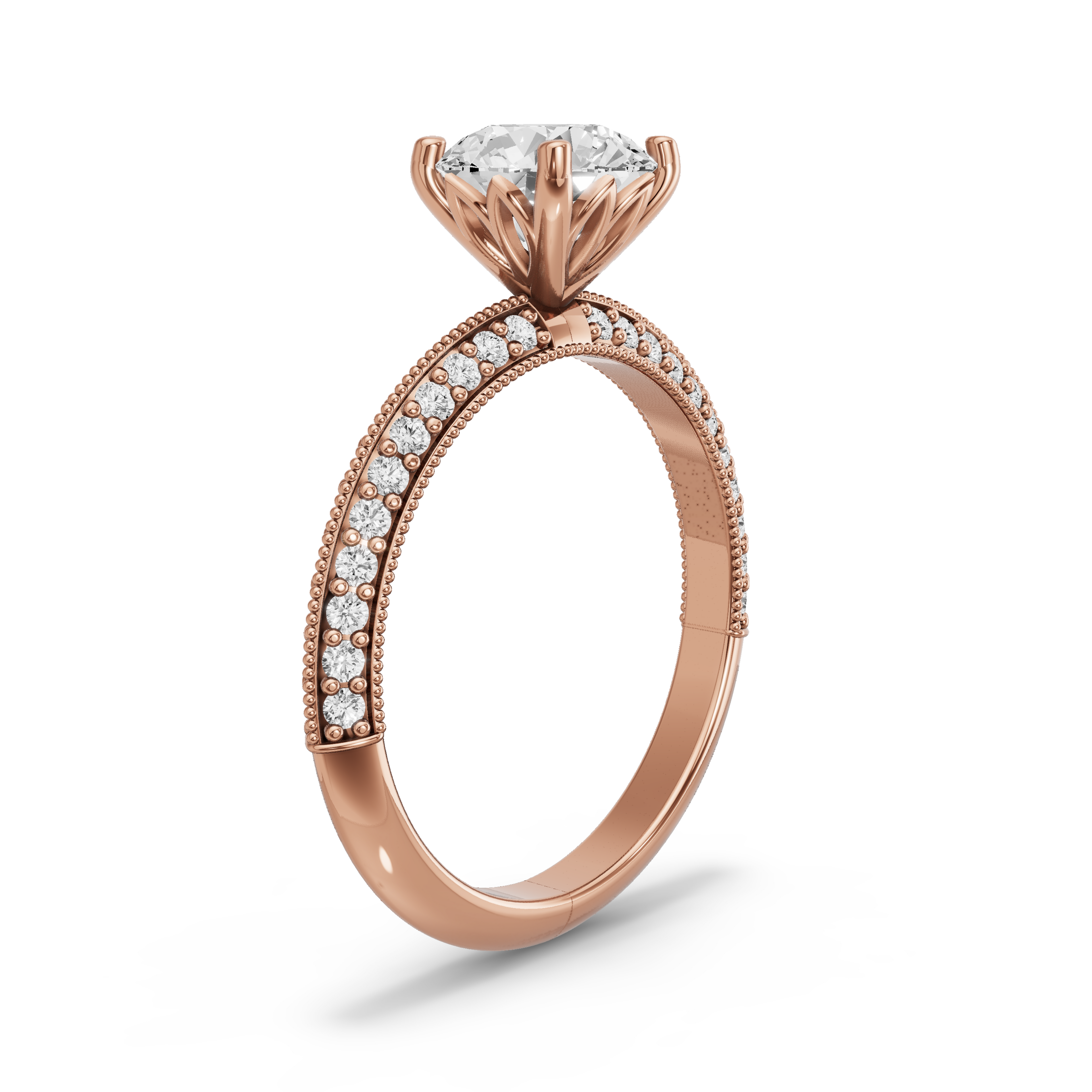 Image for Round Lotus Basket Ring with Knife Edge Pave band in 14K Rose Gold