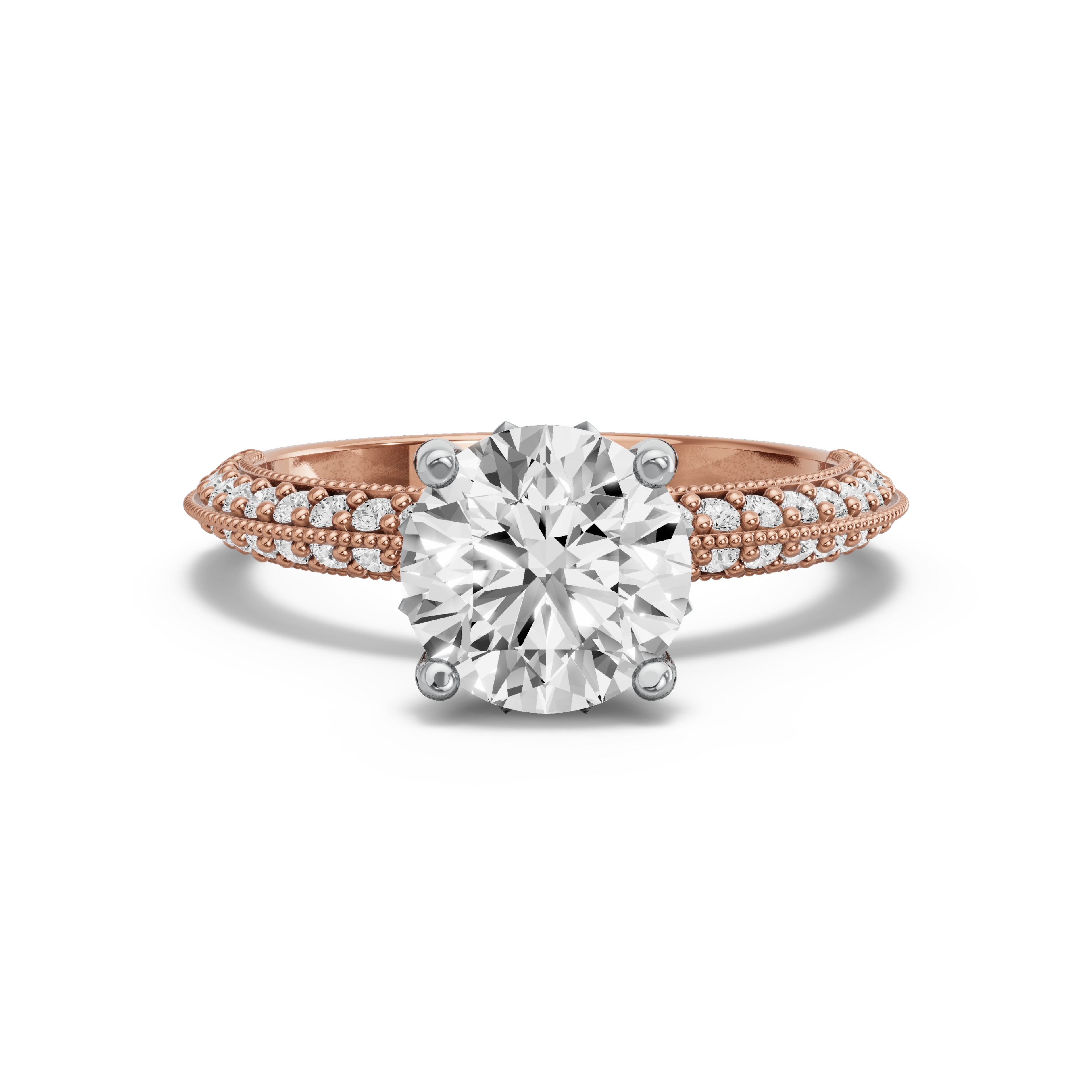 Image for Round Lotus Basket Ring with Knife Edge Pave band in 10K Two Tone Rose Gold