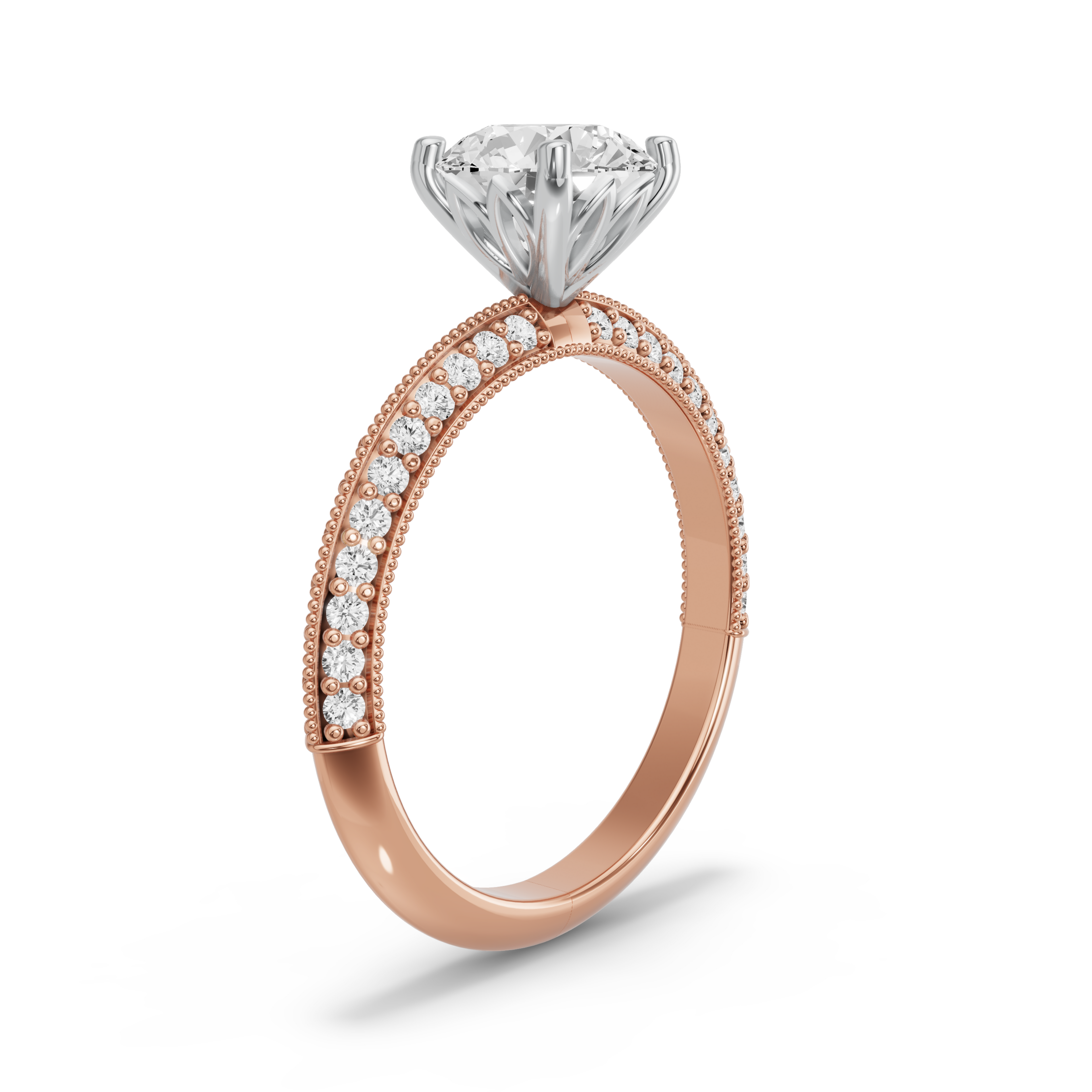Image for Round Lotus Basket Ring with Knife Edge Pave band in 14K Two Tone Rose Gold