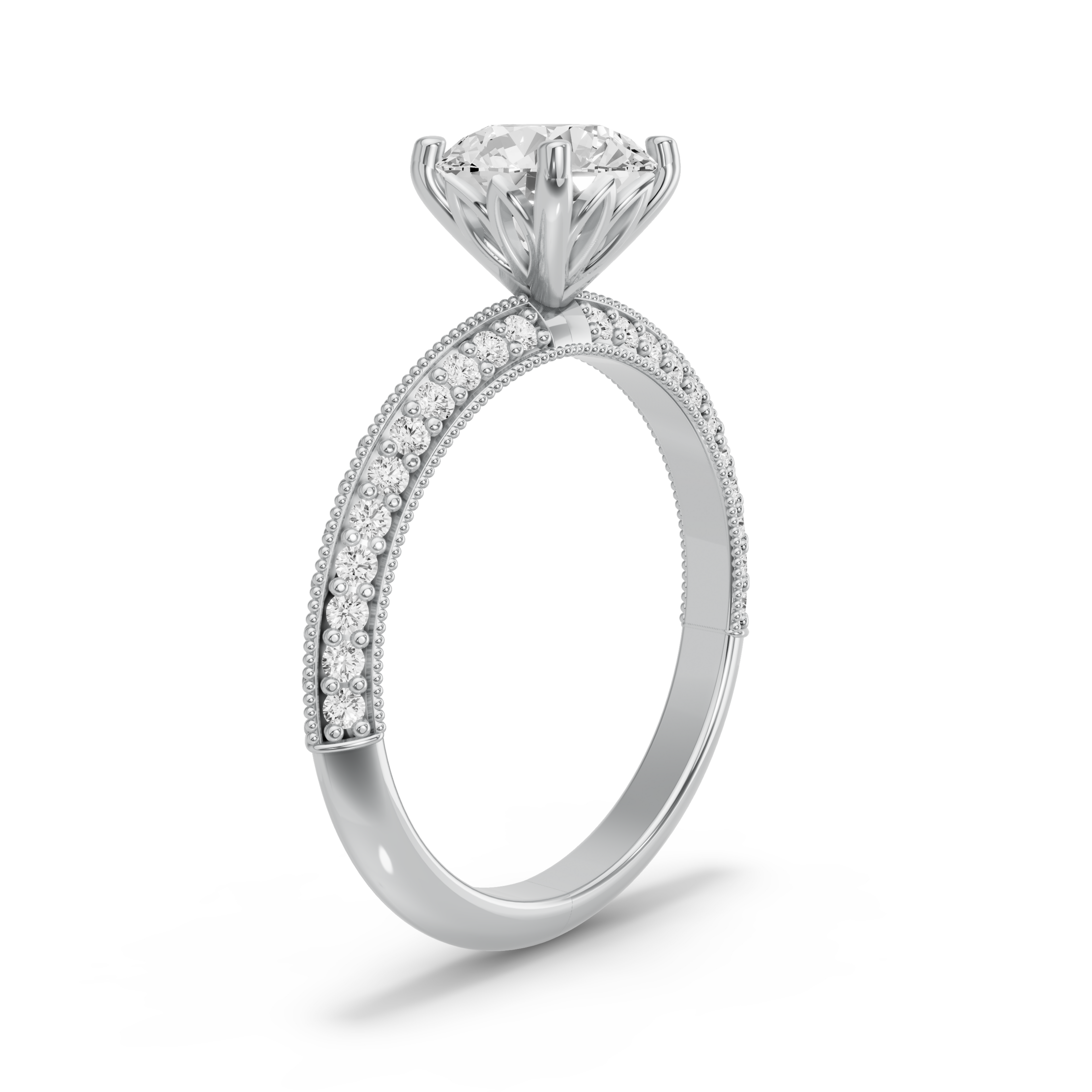Image for Round Lotus Basket Ring with Knife Edge Pave band in 14K White Gold