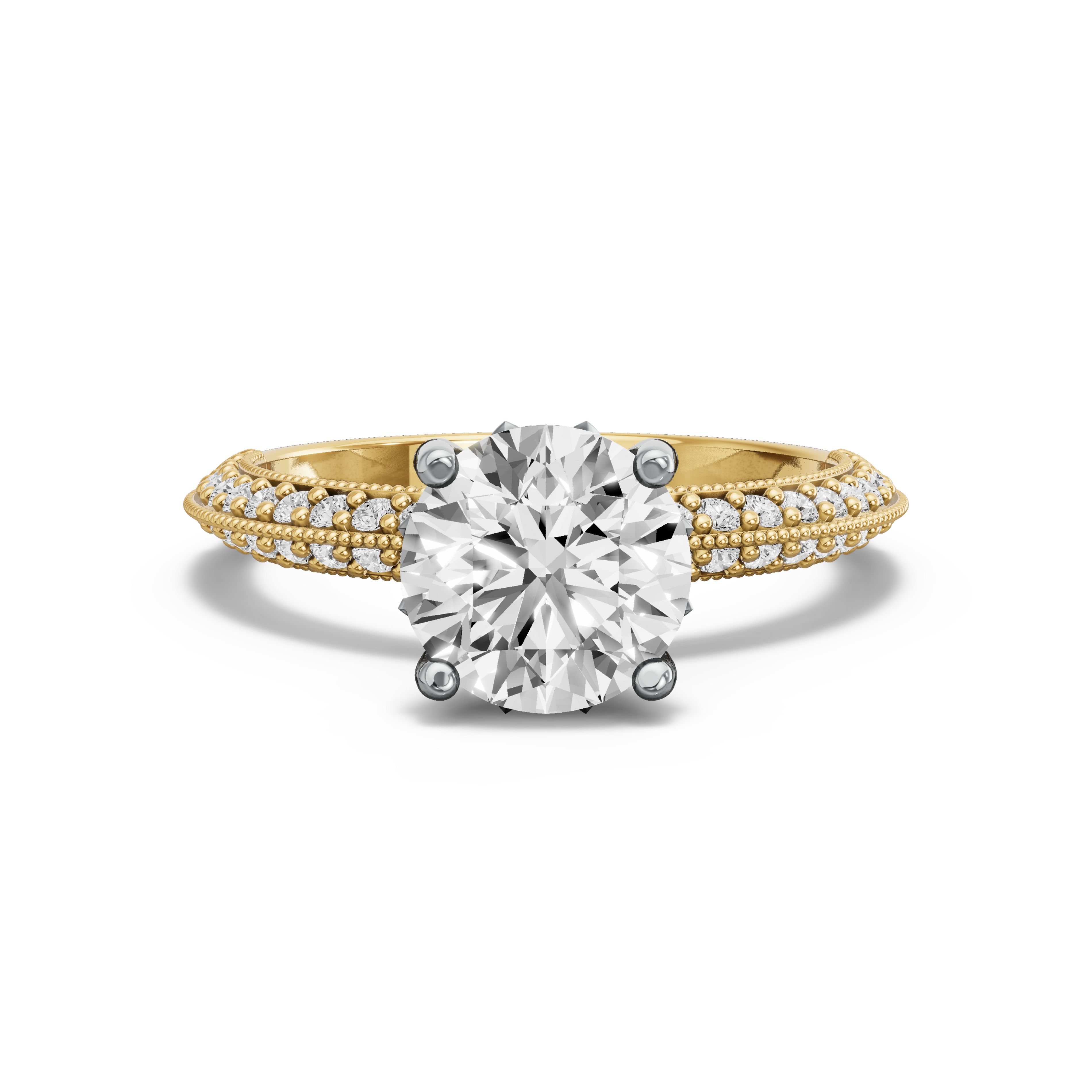 Image for Round Lotus Basket Ring with Knife Edge Pave band in 18K Two Tone Yellow Gold