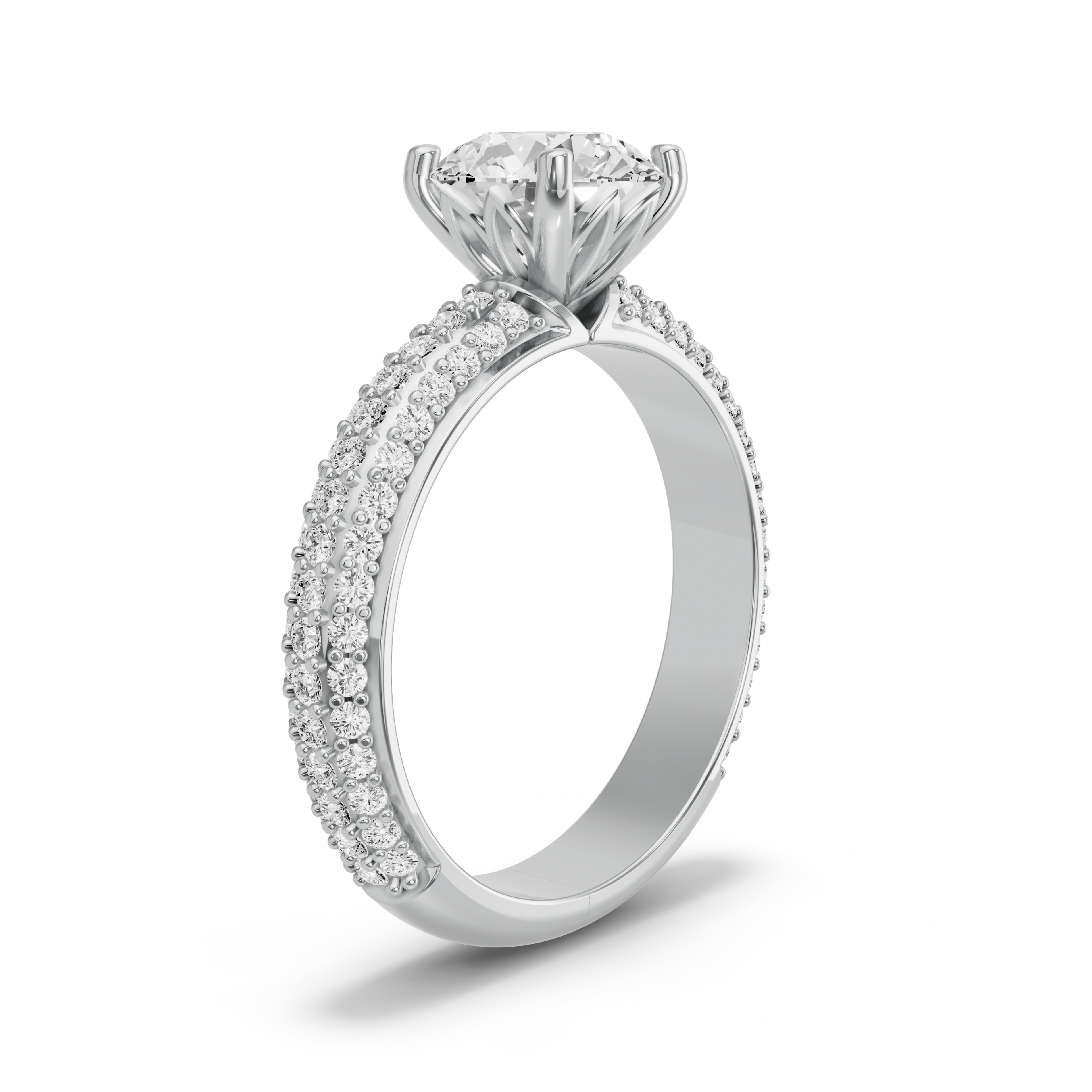 Image for Round Lotus Basket Ring with Triple Row Pave band in 14K White Gold