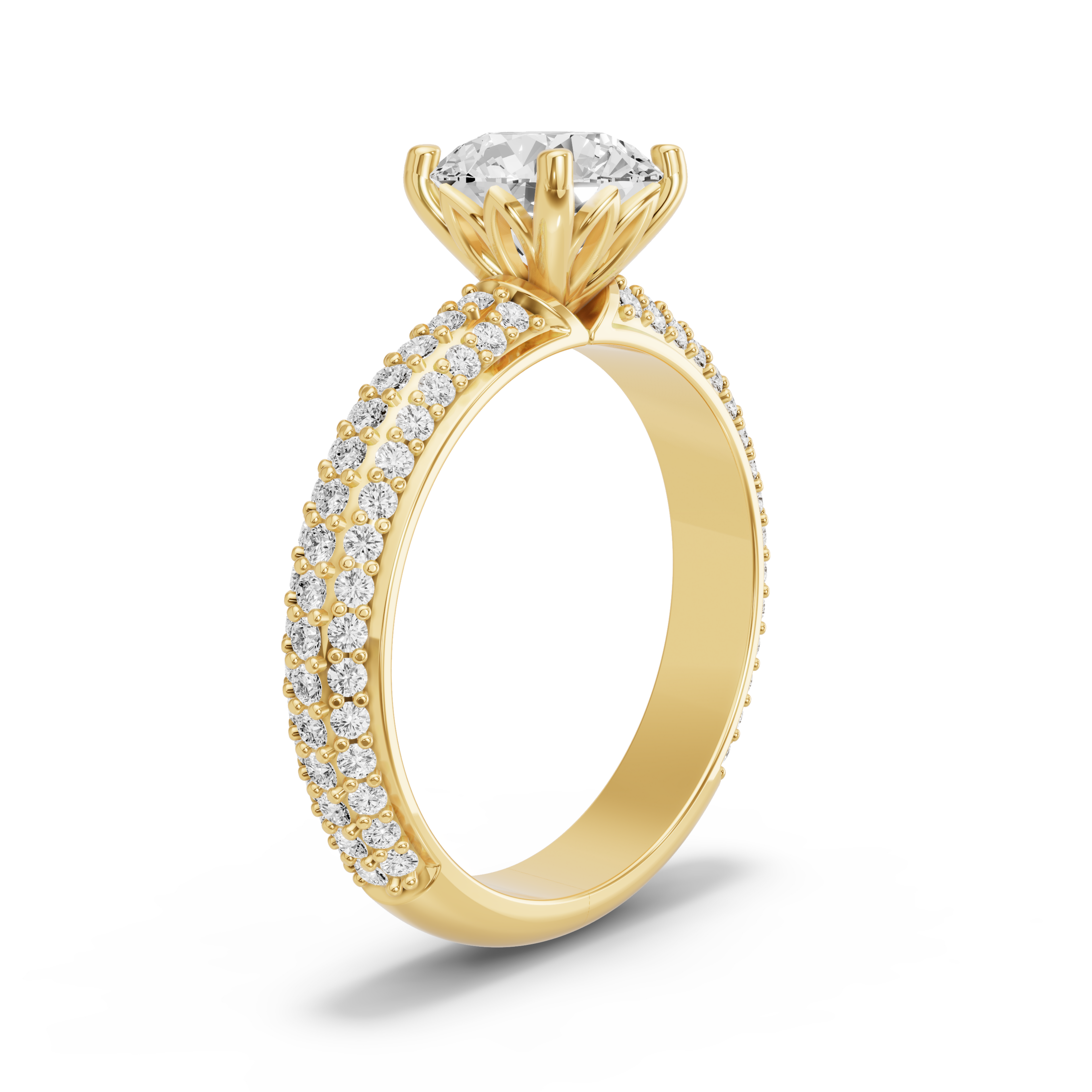 Image for Round Lotus Basket Ring with Triple Row Pave band in 14K Yellow Gold