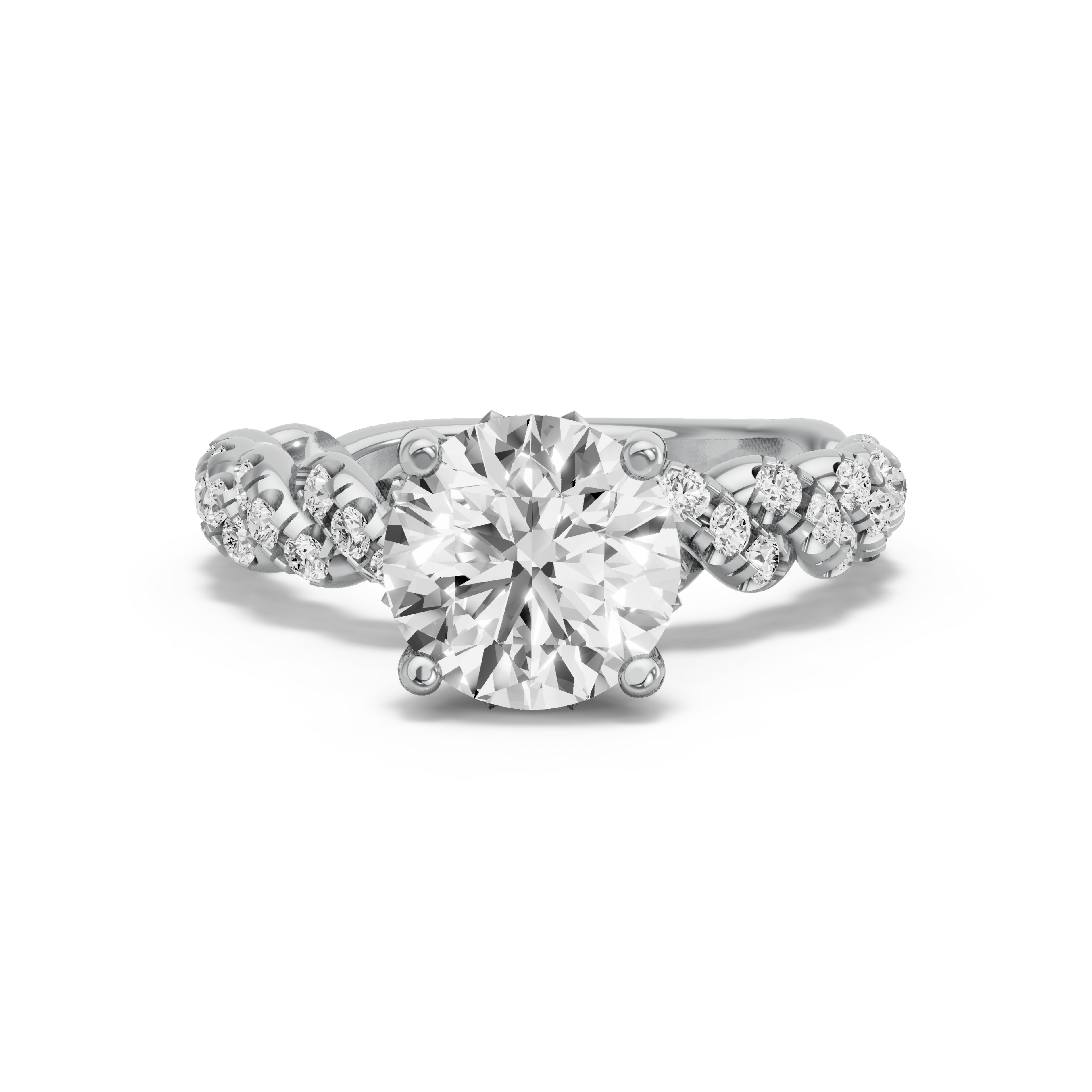 Image for Round Lotus Basket Ring with Twist Pave band in 18K White Gold