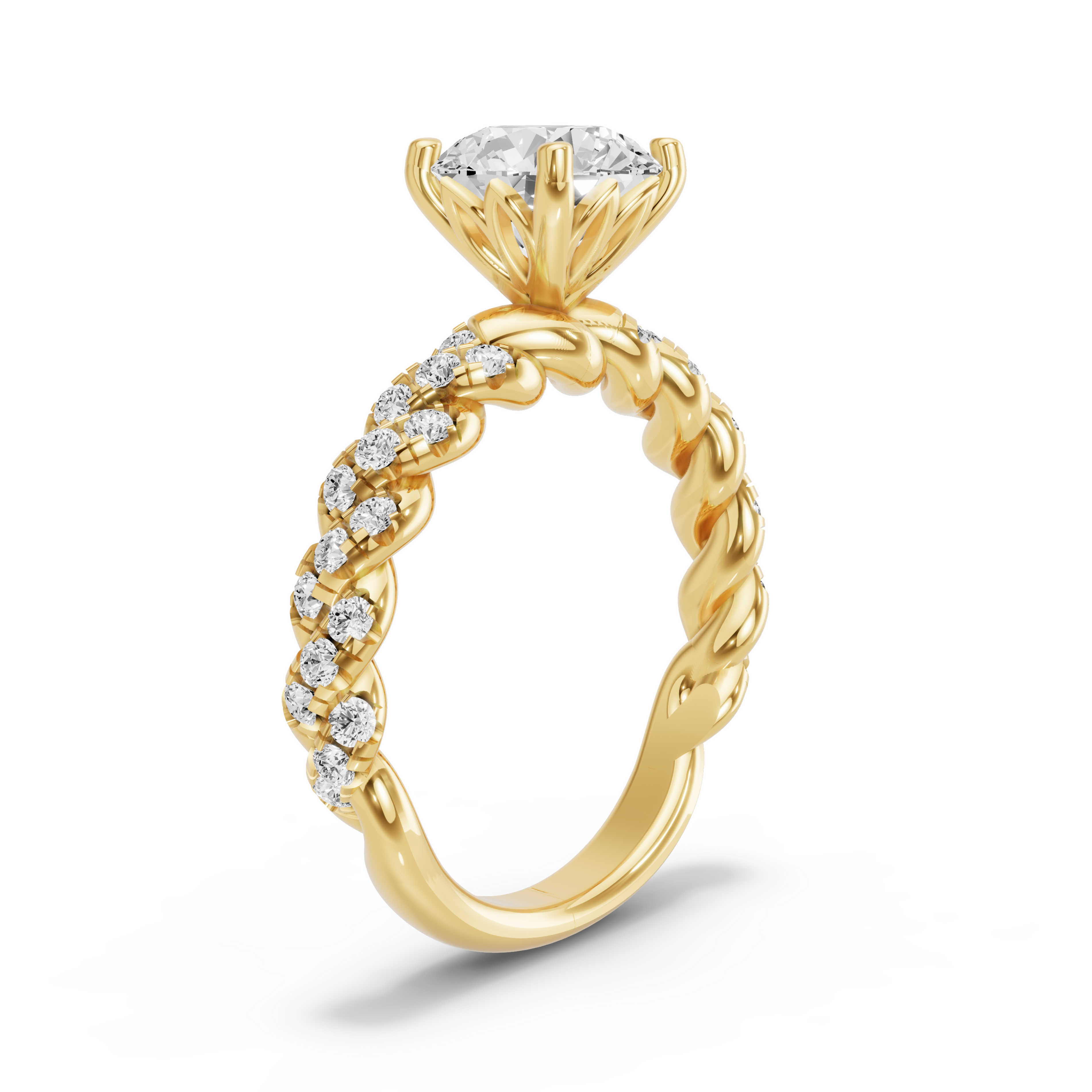 Image for Round Lotus Basket Ring with Twist Pave band in 14K Yellow Gold