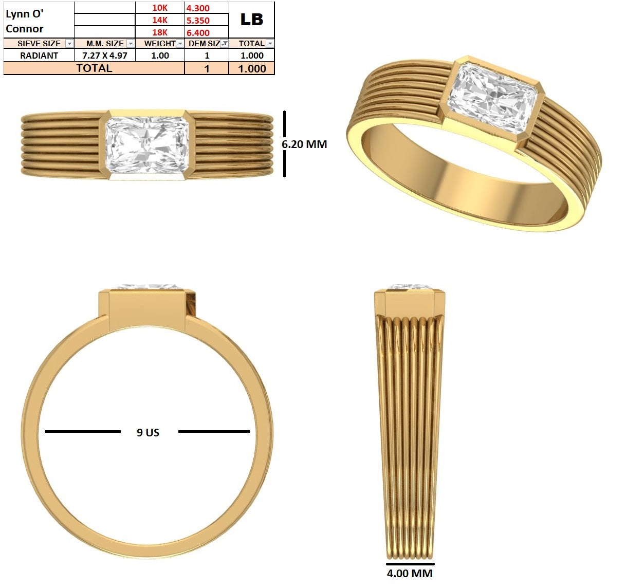 Custom Order - Lynn OConnor | 1 Ct Radiant  | G / VS | 10K Yellow Gold | Ring Size: 9 (US)