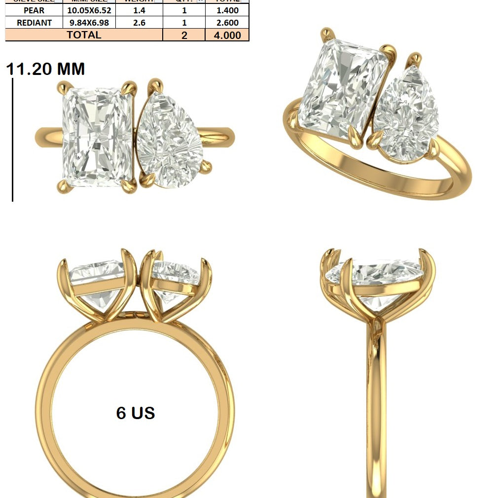 Custom order-Michael  Guad | Toi et Moi | Radiant Cut – 2.60 CT and Pear Cut – 1.40 CT|  G /VS2 | 18K Yellow Gold | Ring Size: 6 (US)