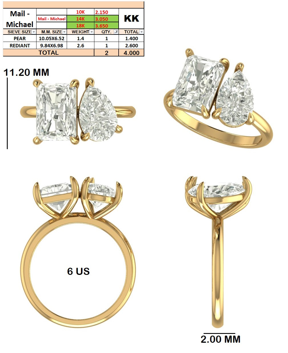 Custom order-Michael  Guad | Toi et Moi | Radiant Cut – 2.60 CT and Pear Cut – 1.40 CT|  G /VS2 | 18K Yellow Gold | Ring Size: 6 (US)