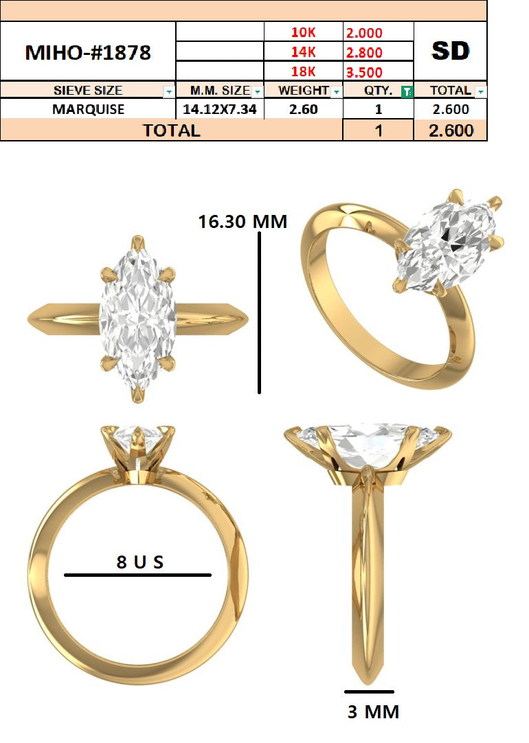 Custom Order -Marquise Engagement Ring |2.6 Ct |Ring size 6.5 |18K Yellow Gold | Width 3mm