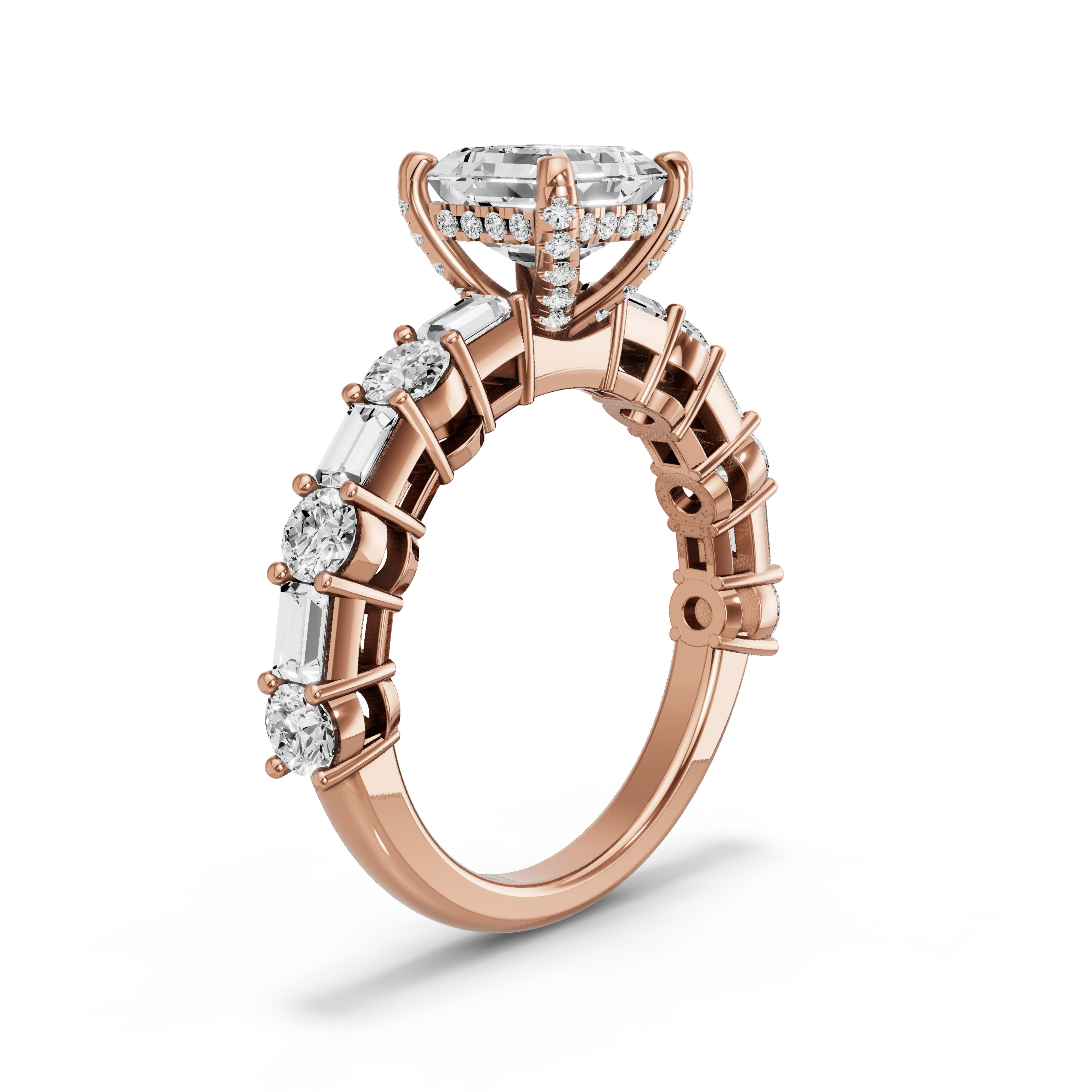 Image for Asscher Pave Basket Ring with Alternating Baguette band in 18K Yellow Gold