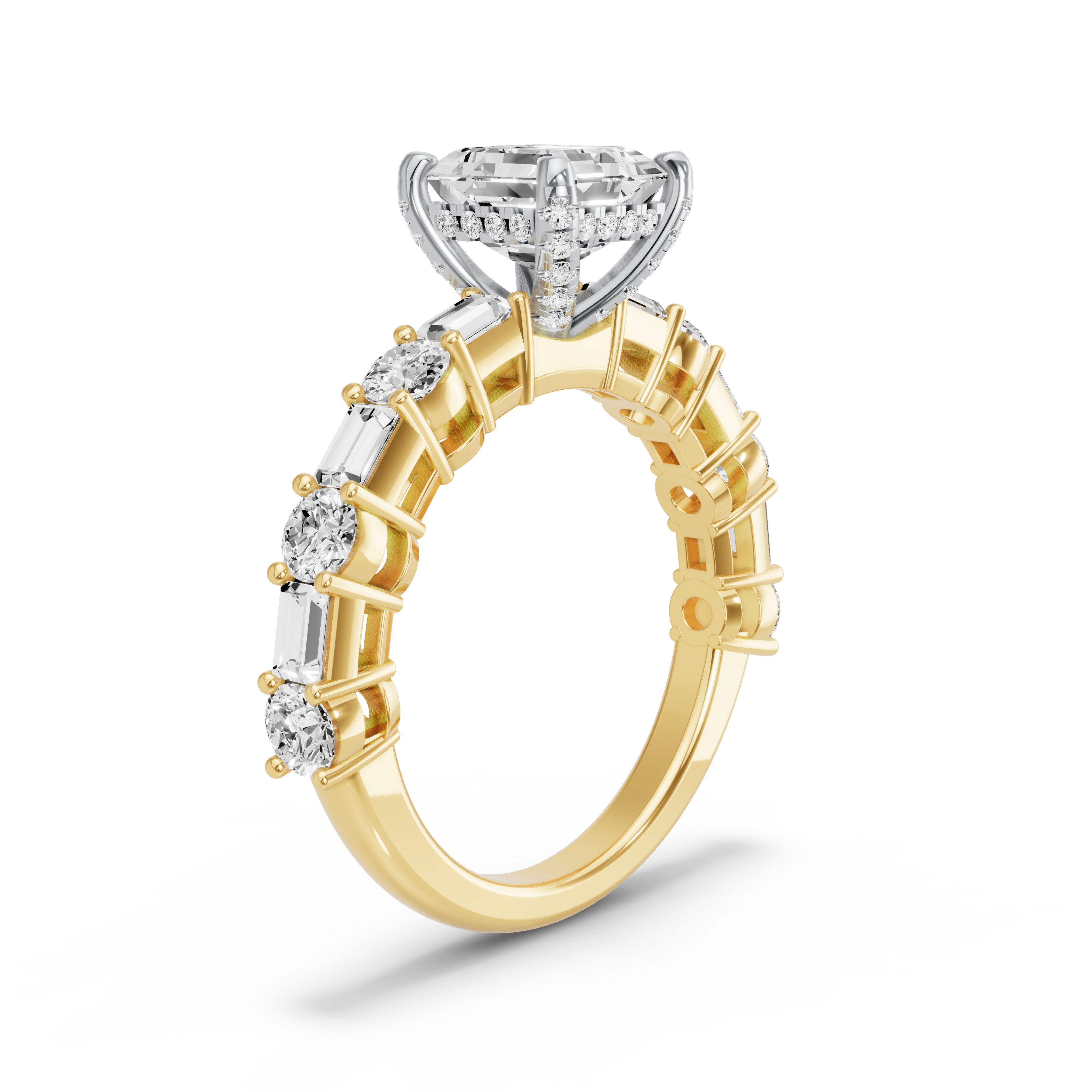 Image for Asscher Pave Basket Ring with Alternating Baguette band in 10K Rose Gold