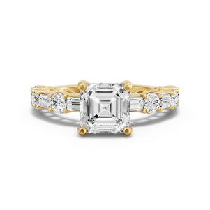 Image for Asscher Pave Basket Ring with Alternating Baguette band in 18K Yellow Gold