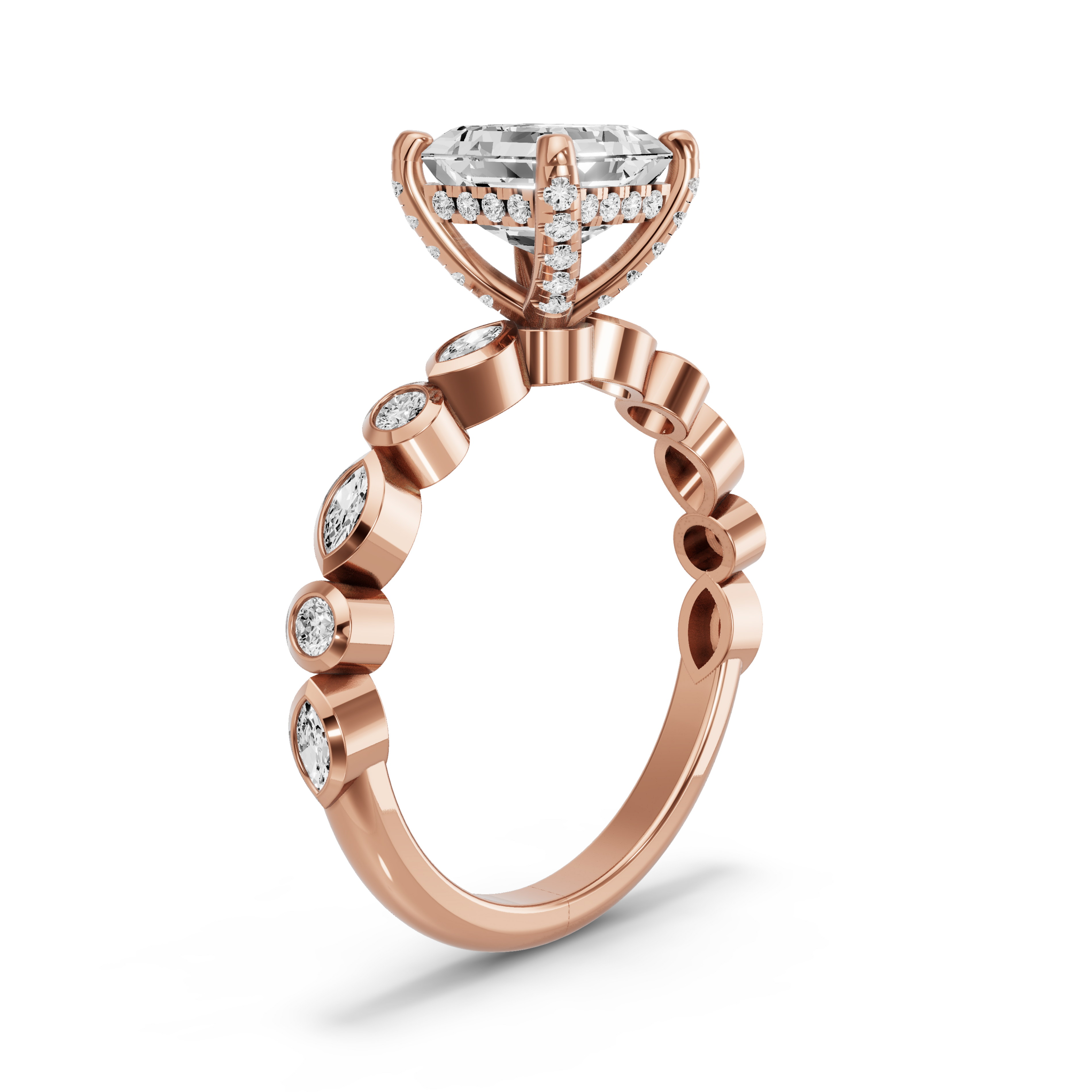 Image for Asscher Pave Basket Ring with Alternating Marquise band in 10K Yellow Gold