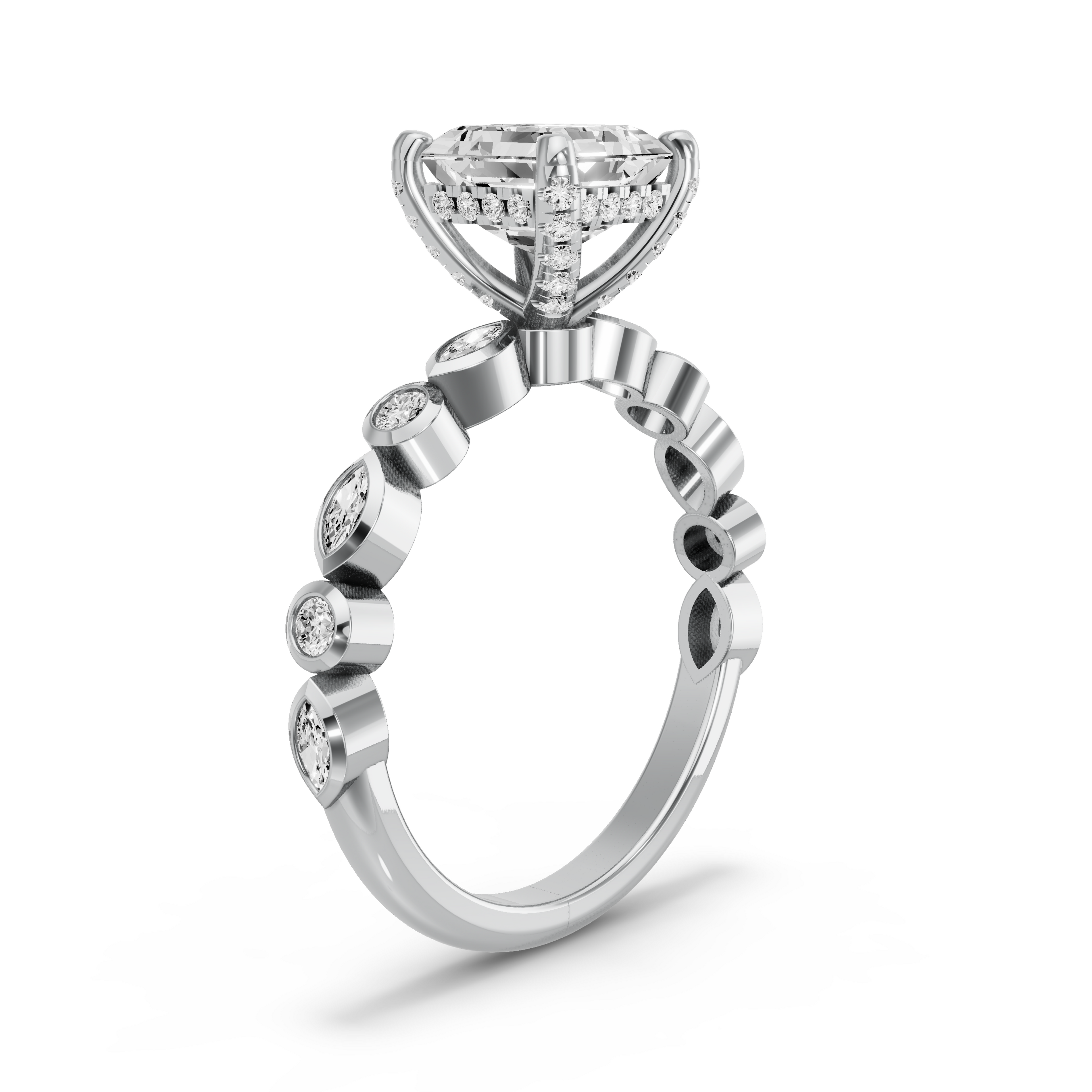 Image for Asscher Pave Basket Ring with Alternating Baguette band in 950 Platinum