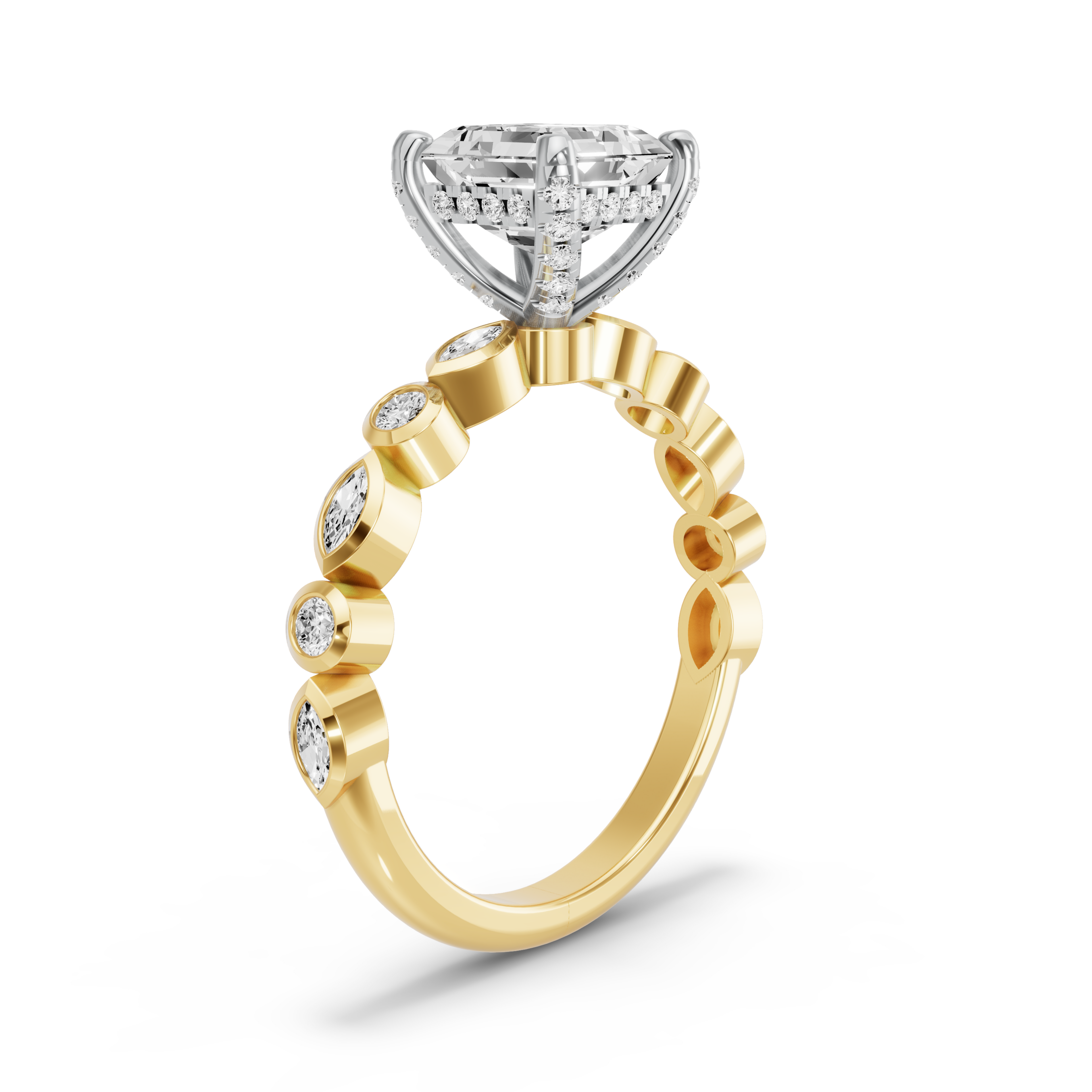 Image for Asscher Pave Basket Ring with Alternating Marquise band in 18K Rose Gold