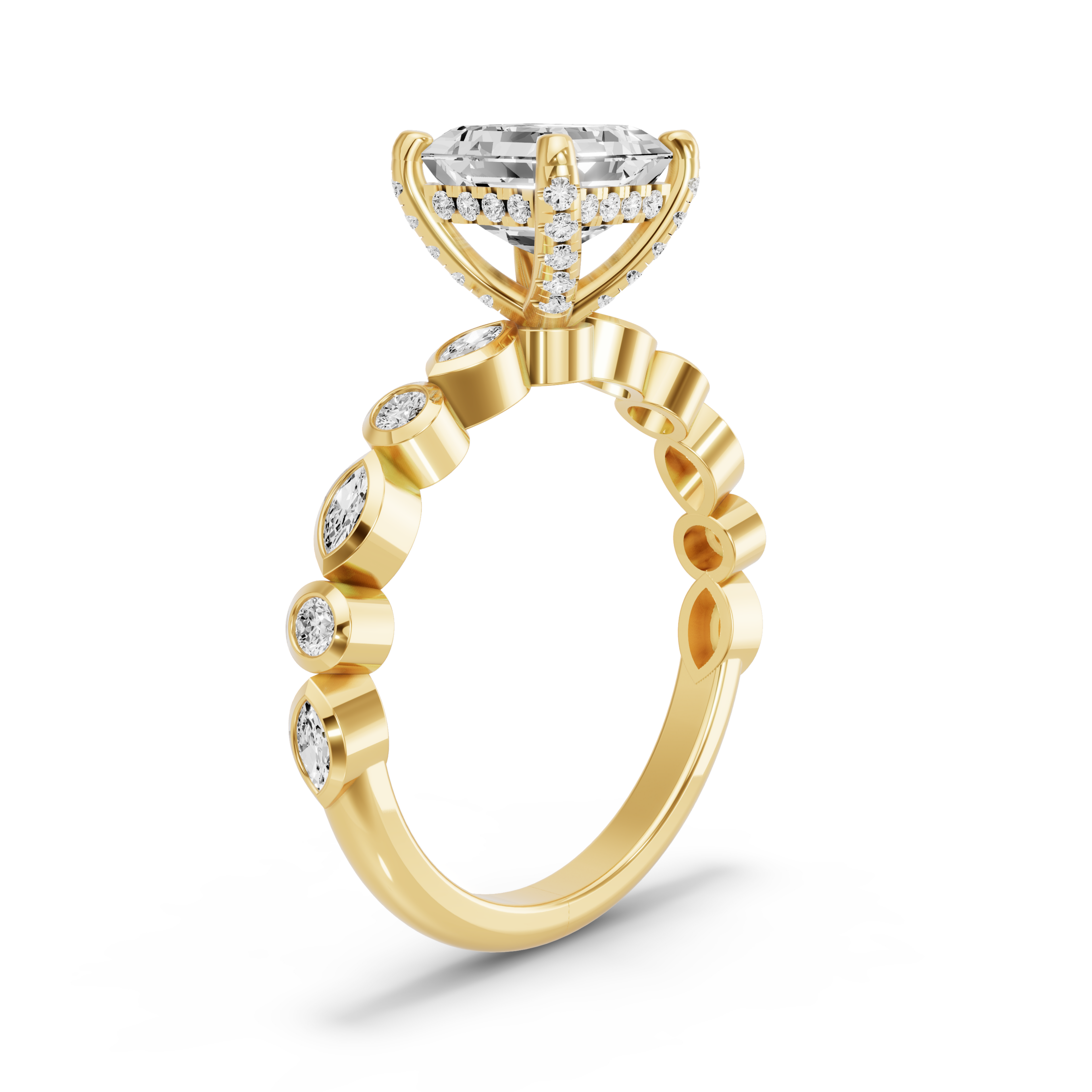 Image for Asscher Pave Basket Ring with Alternating Marquise band in 18K White Gold