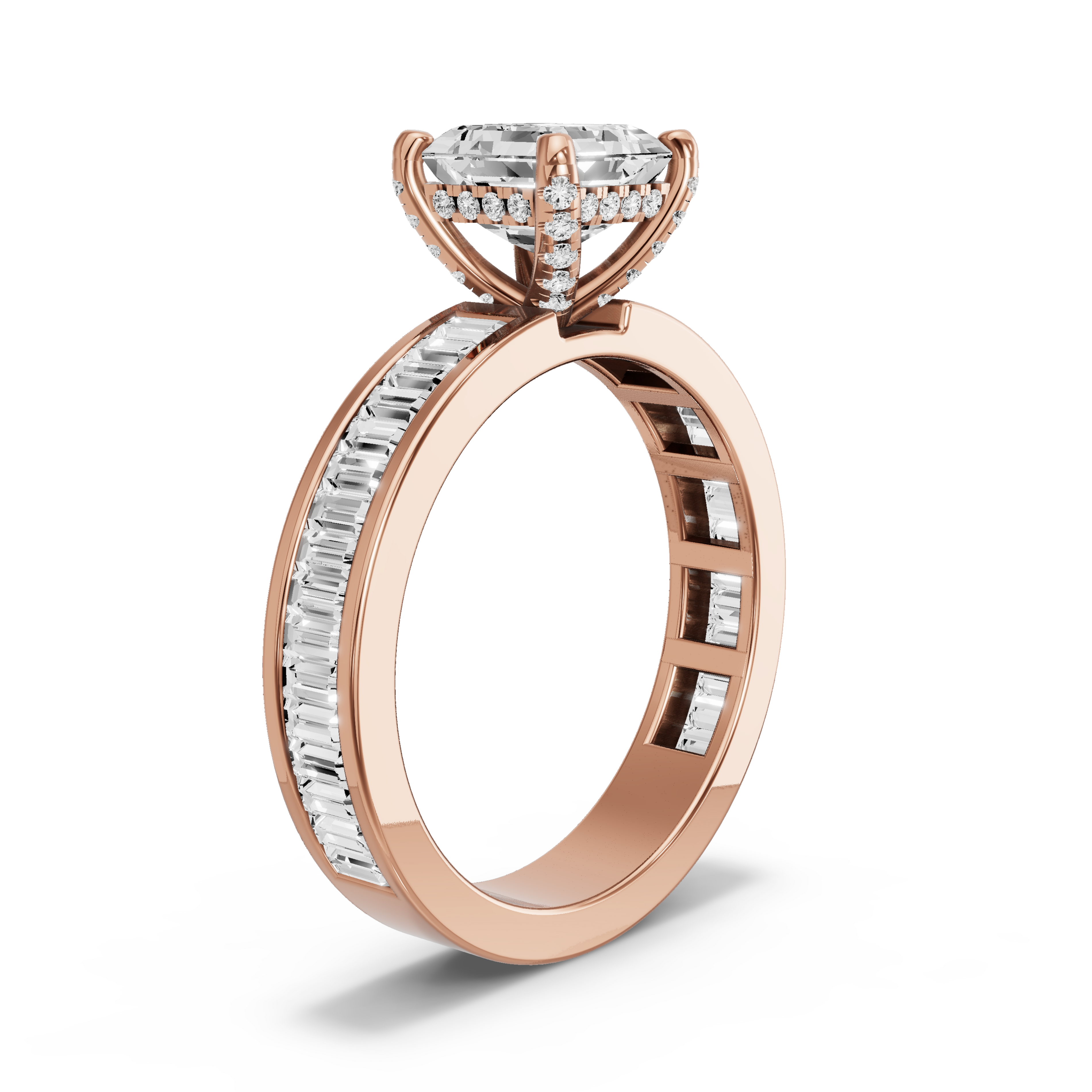 Image for Asscher Pave Basket Ring with Baguette Channel band in 10K Yellow Gold