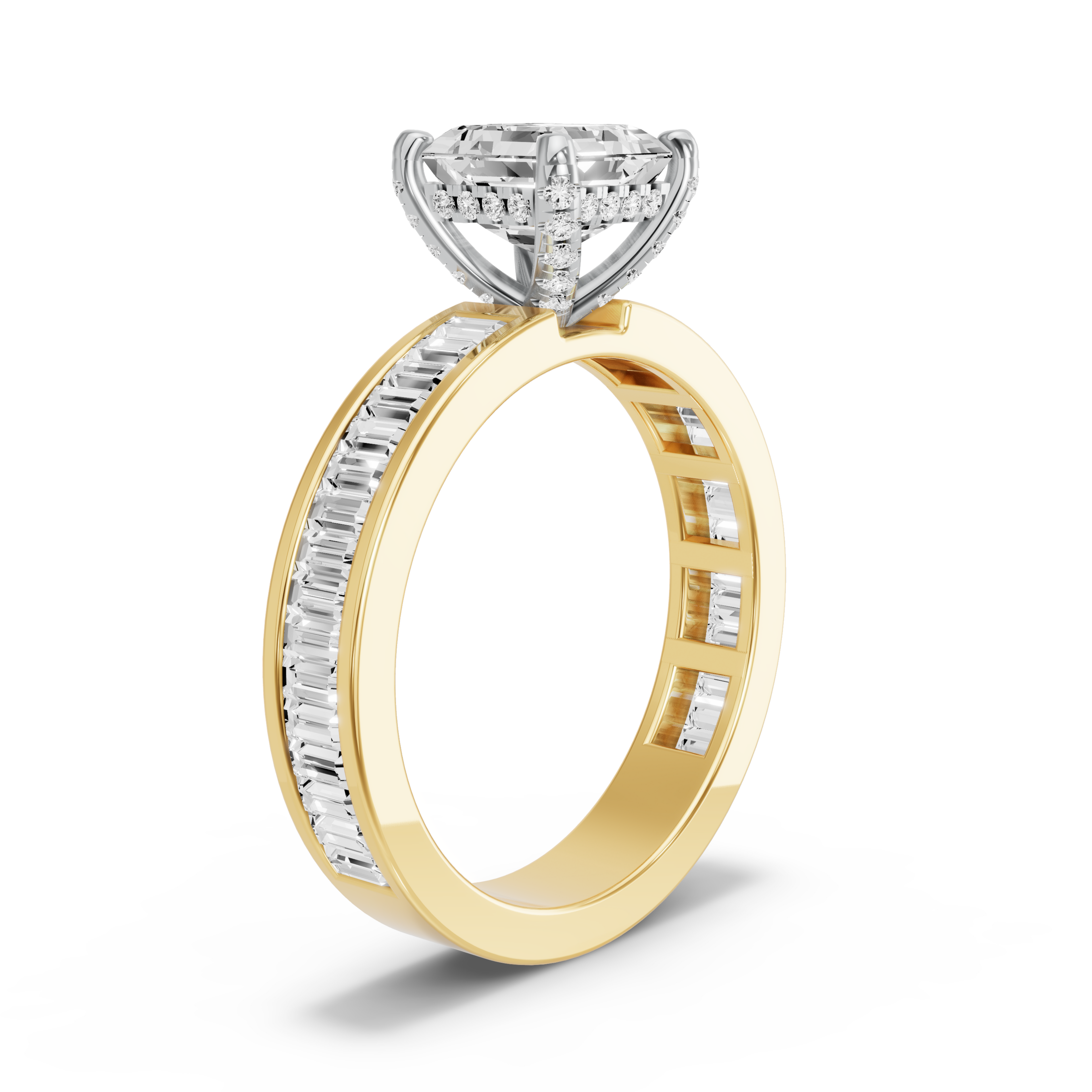 Image for Asscher Pave Basket Ring with Baguette Channel band in 10K Rose Gold