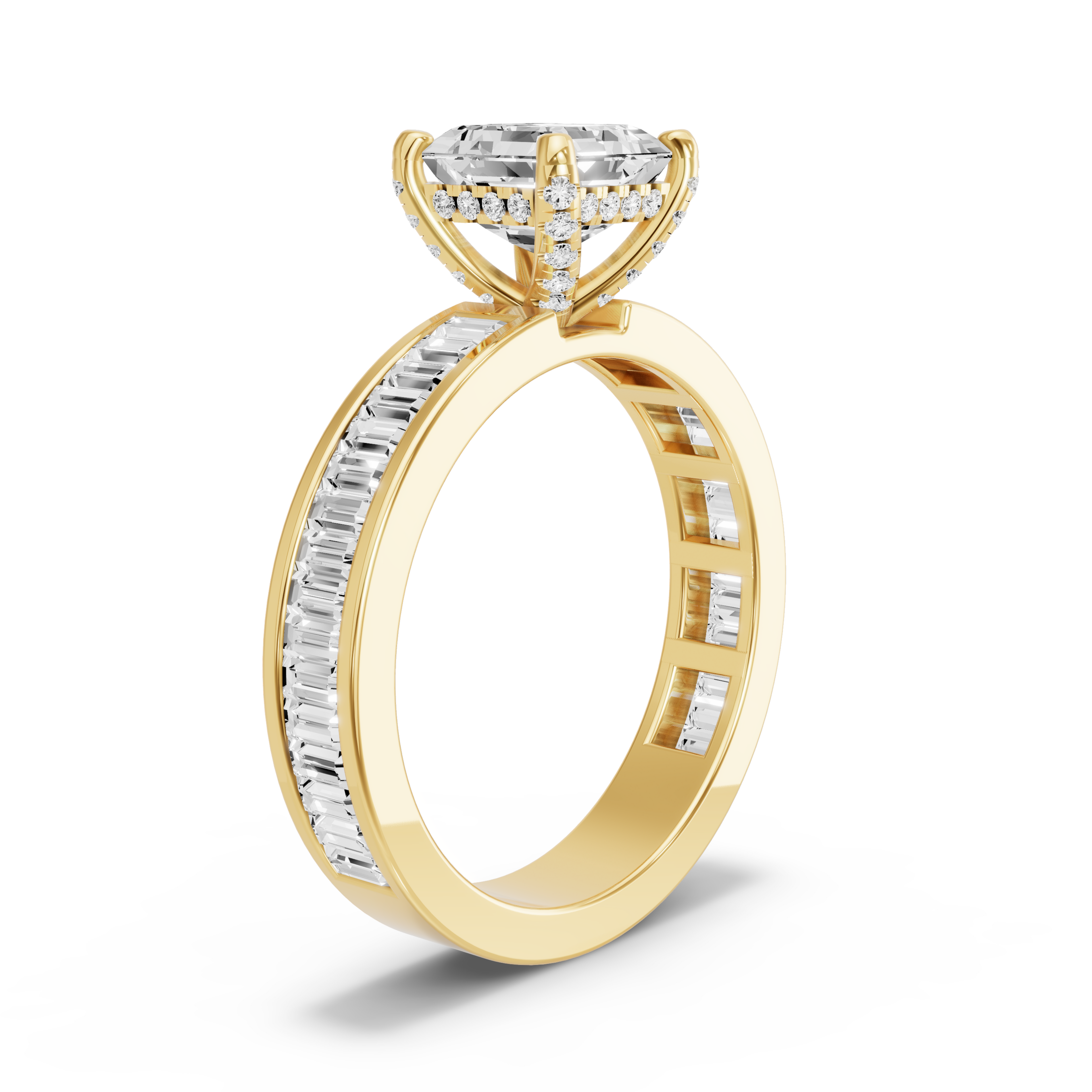 Image for Asscher Pave Basket Ring with Baguette Channel band in 10K White Gold