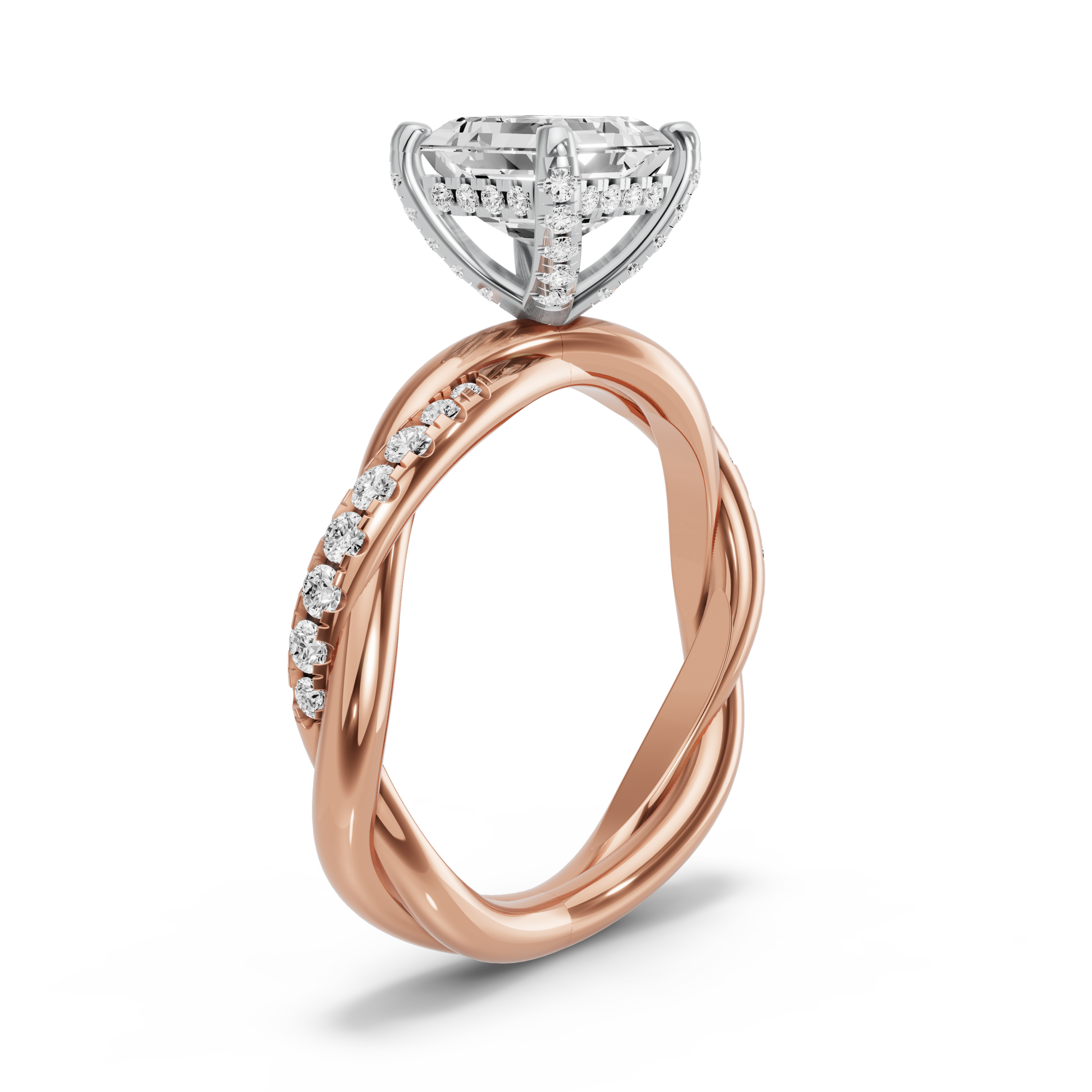 Image for Asscher Pave Basket Ring with Rope Pave band in 18K Two Tone Rose Gold