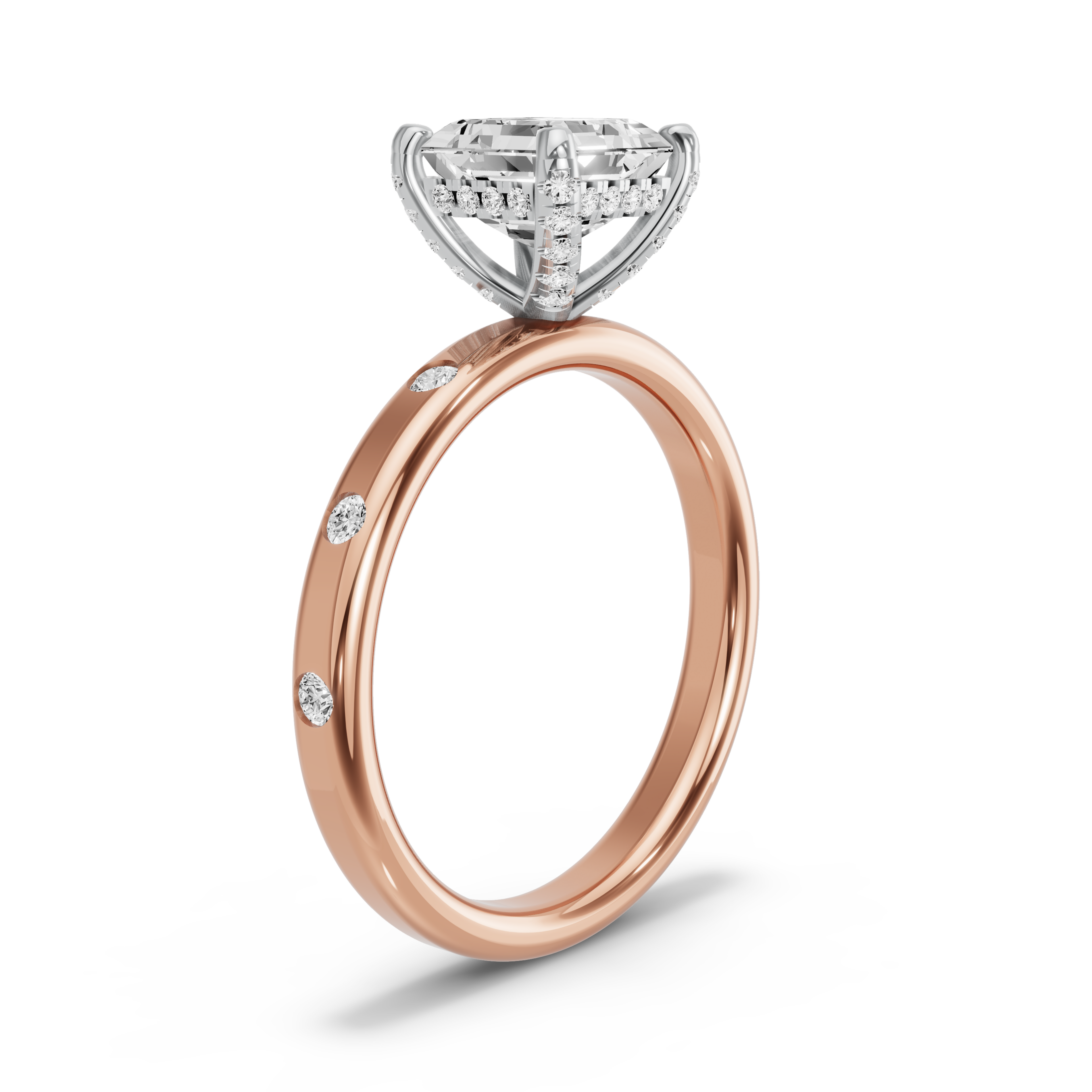 Image for Asscher Pave Basket Ring with Sleek Accent band in 14K Two Tone Yellow Gold
